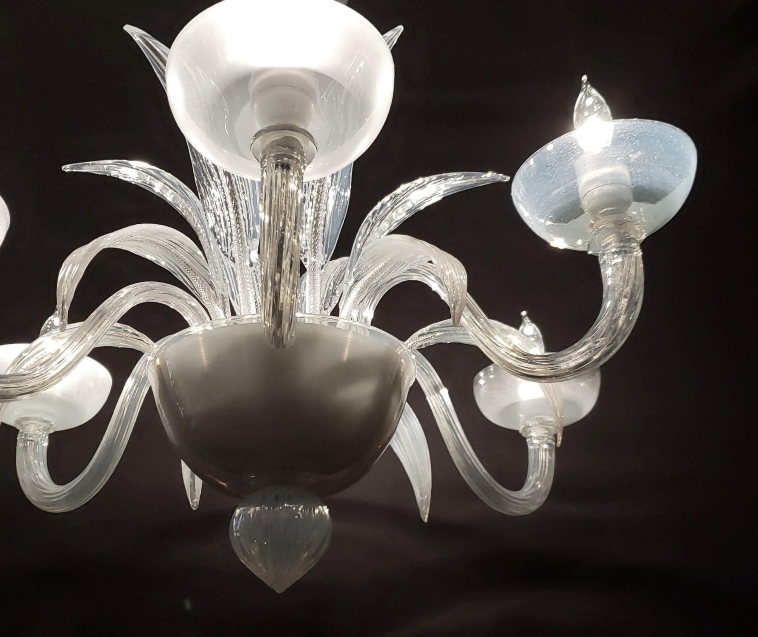 Metal Murano Opaline Glass 6 S Arm Chandelier w Up Down Leaves For Sale
