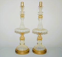 Murano Opaline Glass Epergne Table Lamps in White/Gold