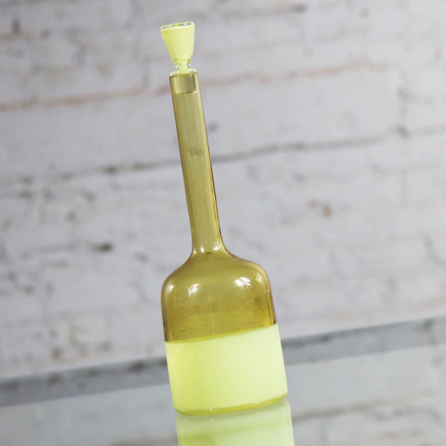 Mid-Century Modern Murano Opaque Yellow & Clear Amber Incalmo Bottle Attributed to Geo Ponti Venini