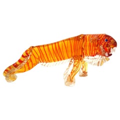 Murano Orange and Gold Flecks Italian Art Glass Roaring Tiger Figure Sculpture