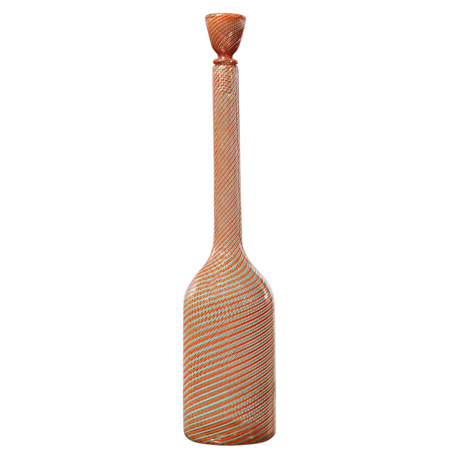 Murano Orange and Green Fasce Ritorte Bottle Attributed to Gio Ponti for Venini