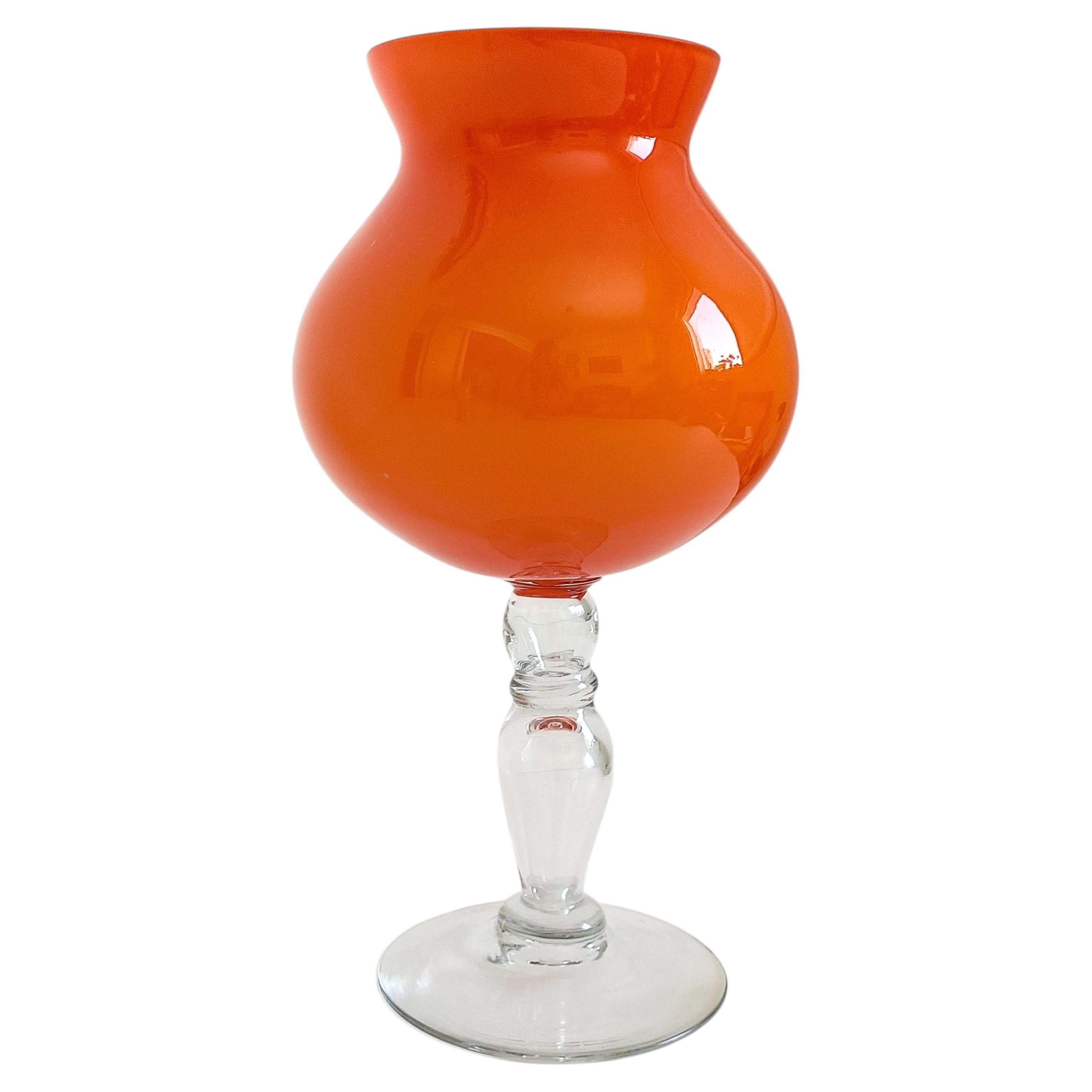 Murano Orange Cased Glass Large Goblet Vase, Italy, 1970s