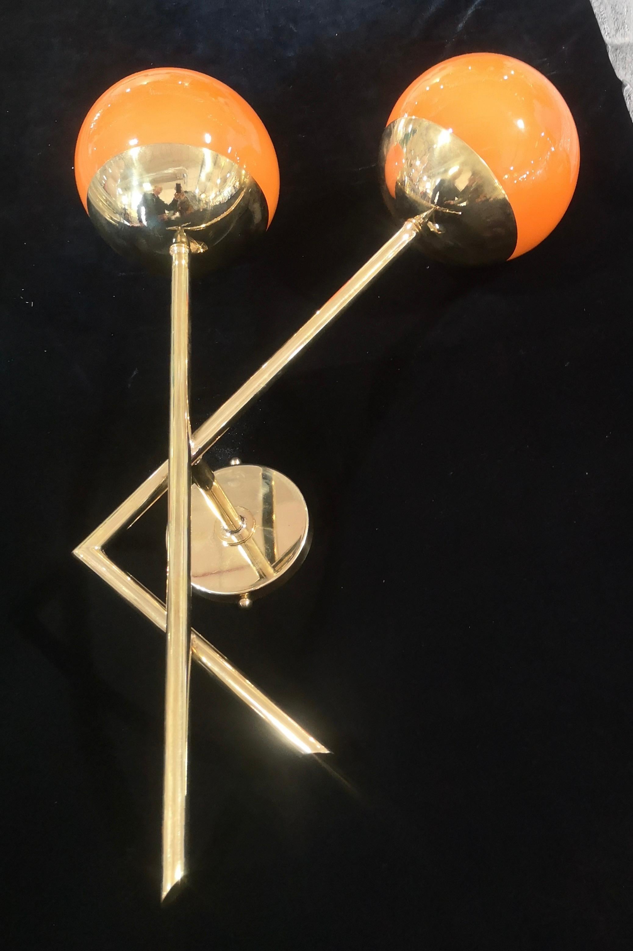 Mid-Century Modern Murano Orange Color Glass and Brass Mid-Century Wall Light, 2020 For Sale