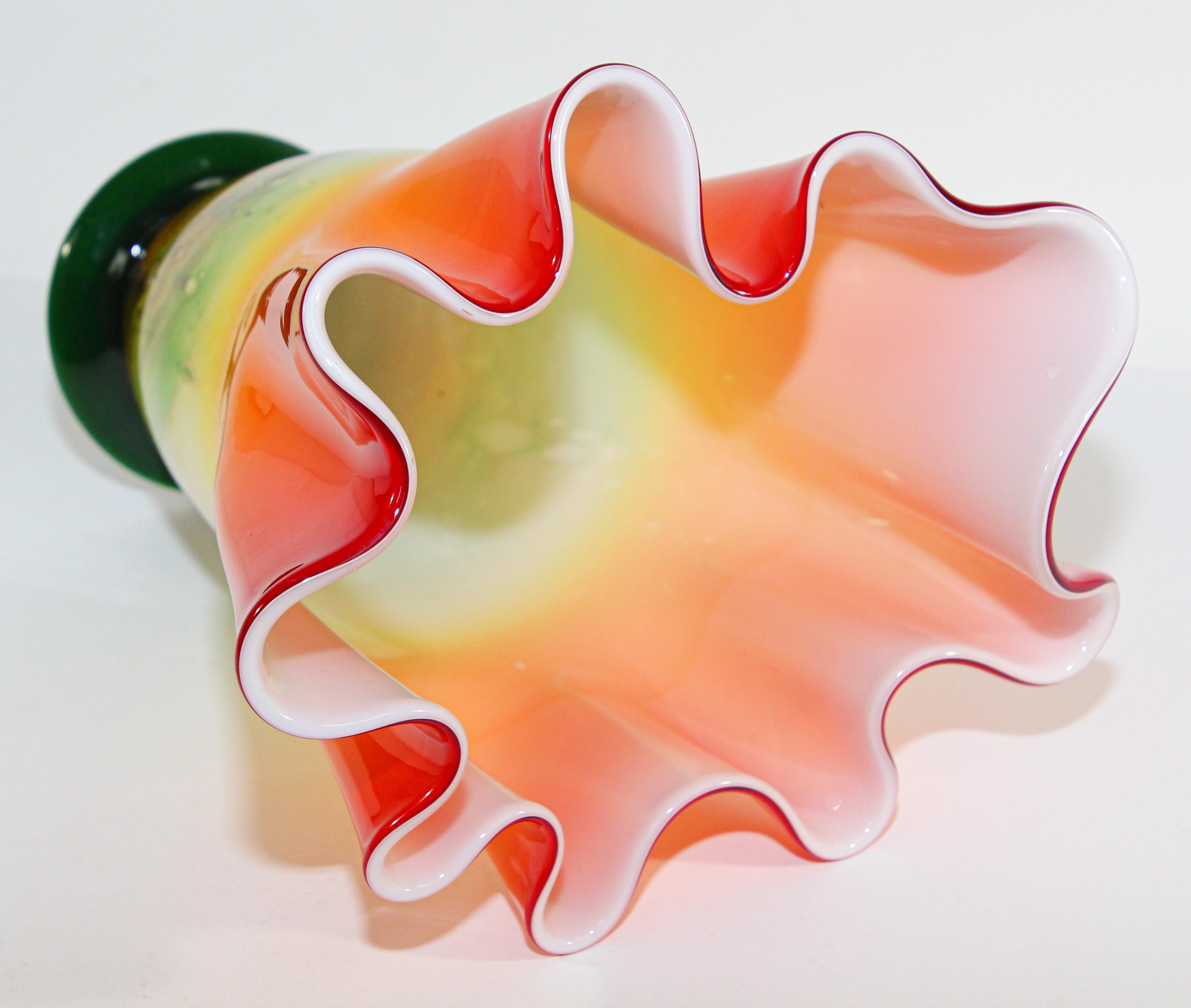 Blown Glass Murano Orange Footed Vase Freeform Handkerchief For Sale