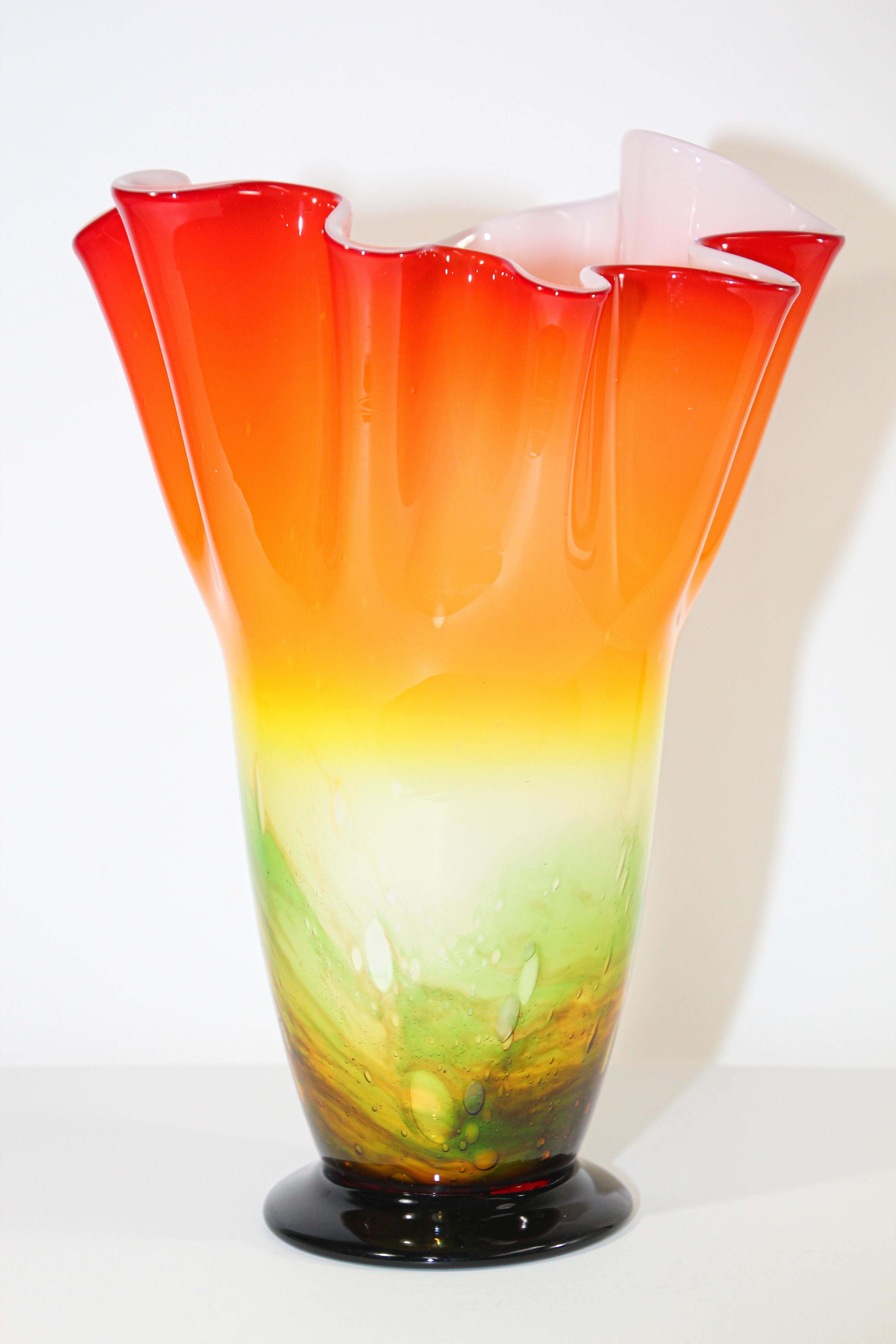 Italian Murano Orange Footed Vase Freeform Handkerchief For Sale