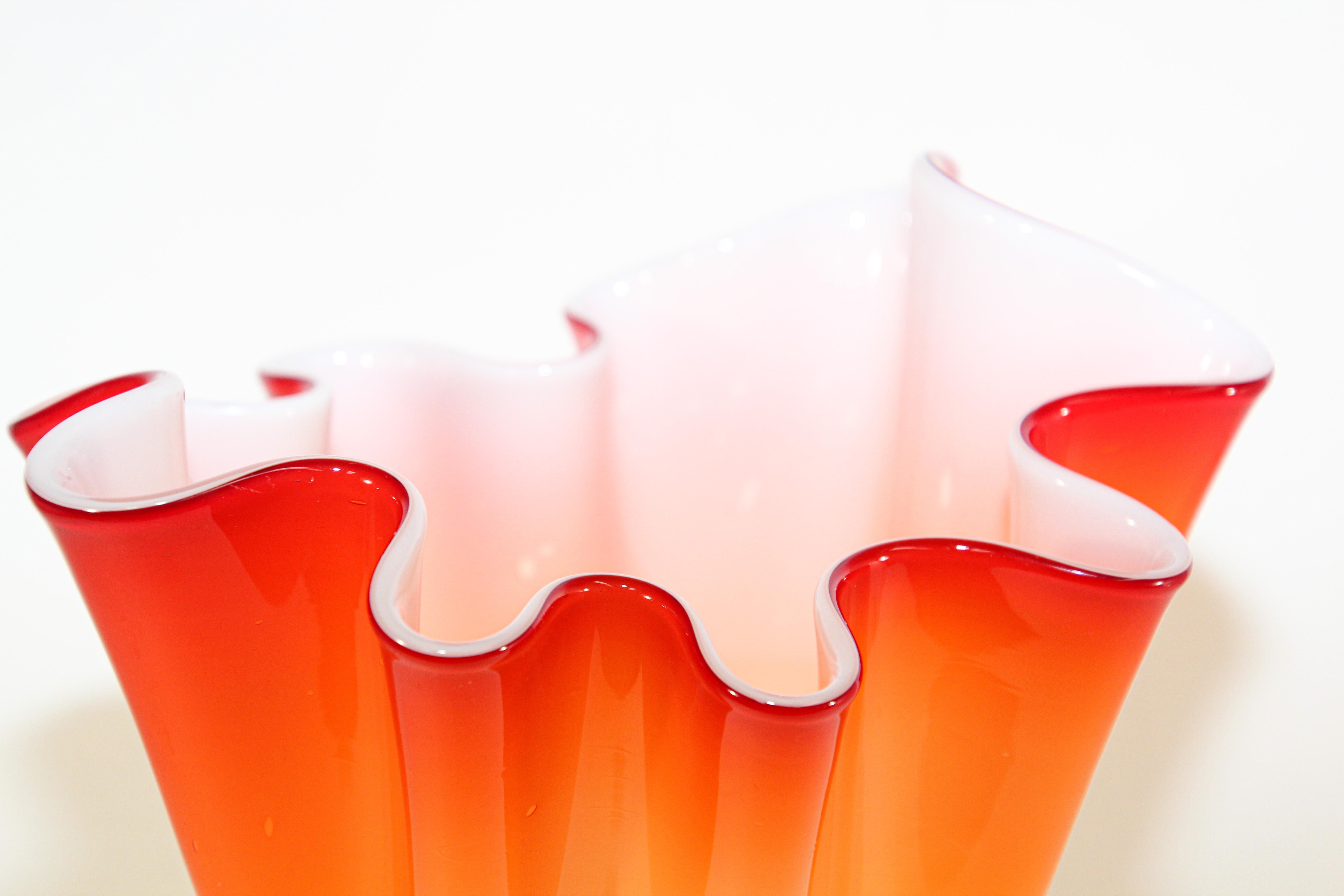 20th Century Murano Orange Footed Vase Freeform Handkerchief For Sale