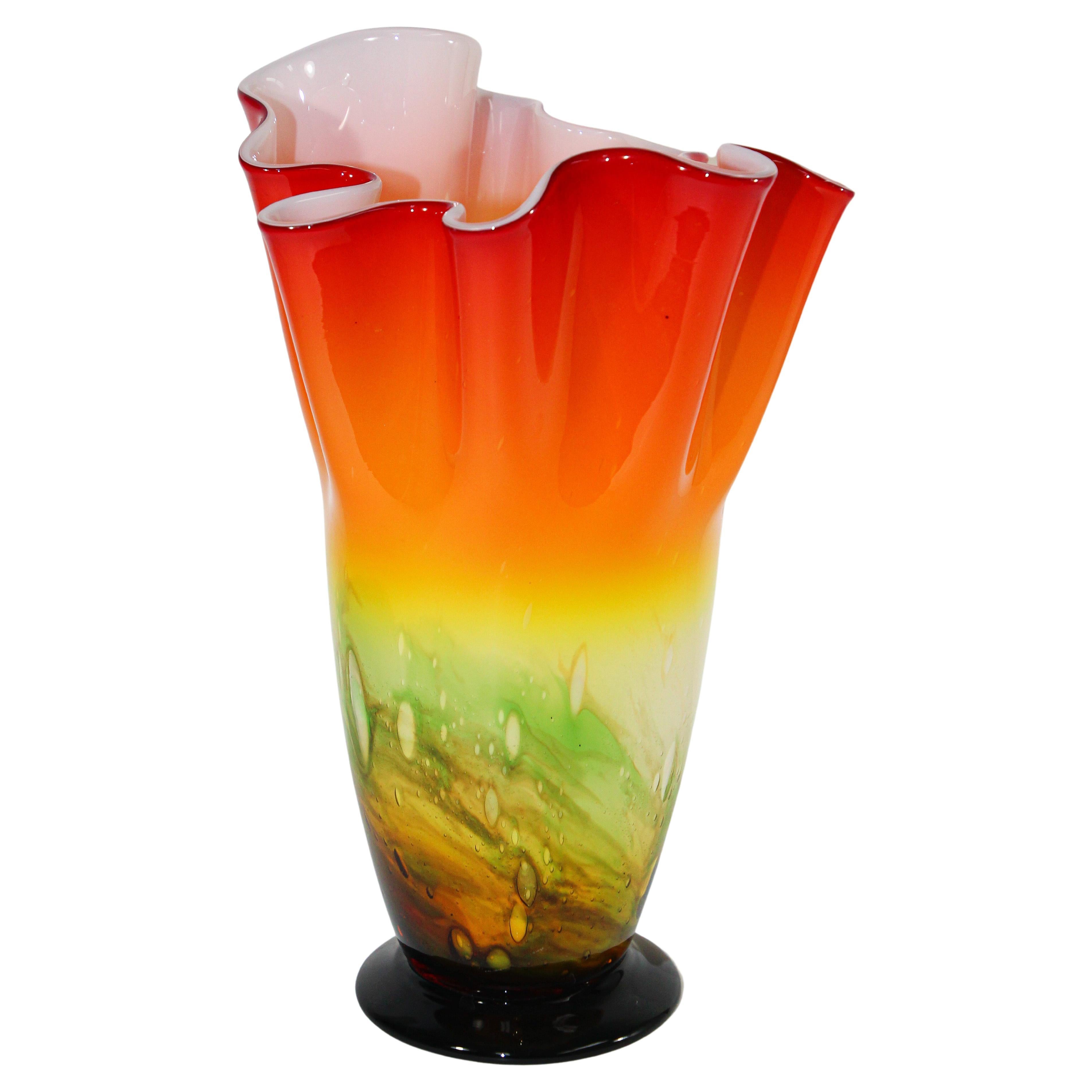 Murano Orange Footed Vase Freeform Handkerchief For Sale