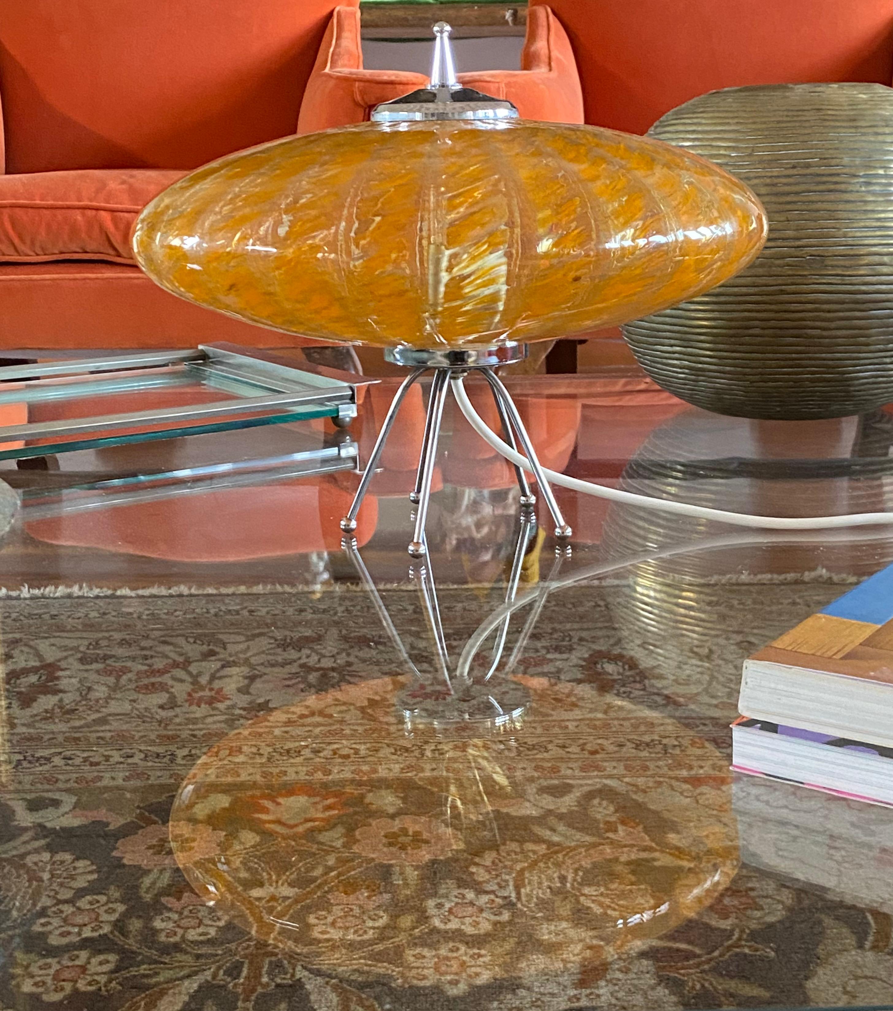 Late 20th Century Murano orange glass flying saucer Ufo table lamp, Murano Italy 1970s For Sale