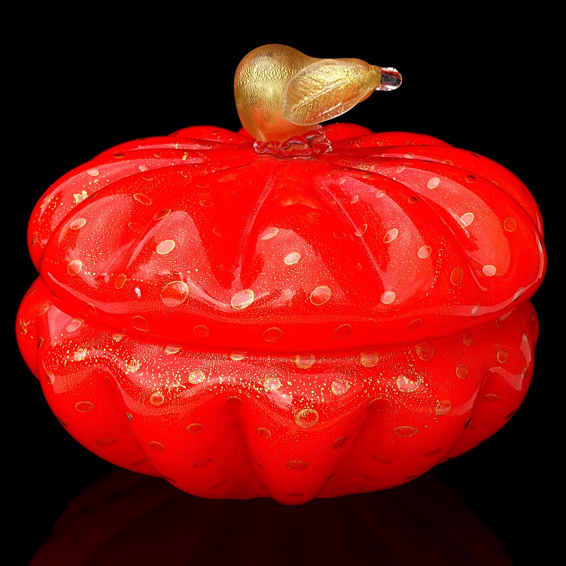 Mid-Century Modern Murano Orange Gold Fleck Bubbles Pear Top Italian Art Glass Container Vanity Jar For Sale