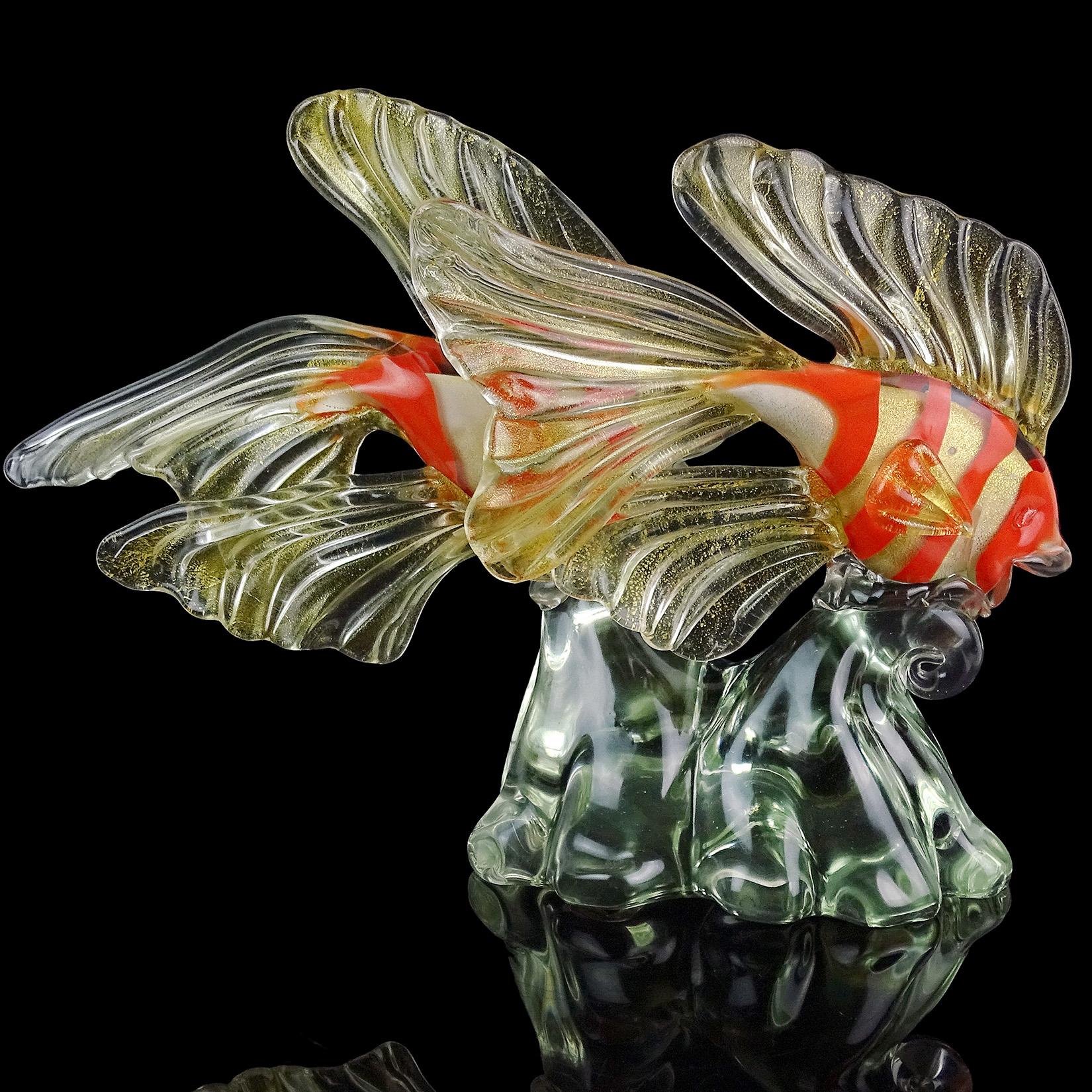 Mid-Century Modern Murano Orange Gold Fleck Fancy Goldfish Italian Art Glass Centerpiece Sculpture