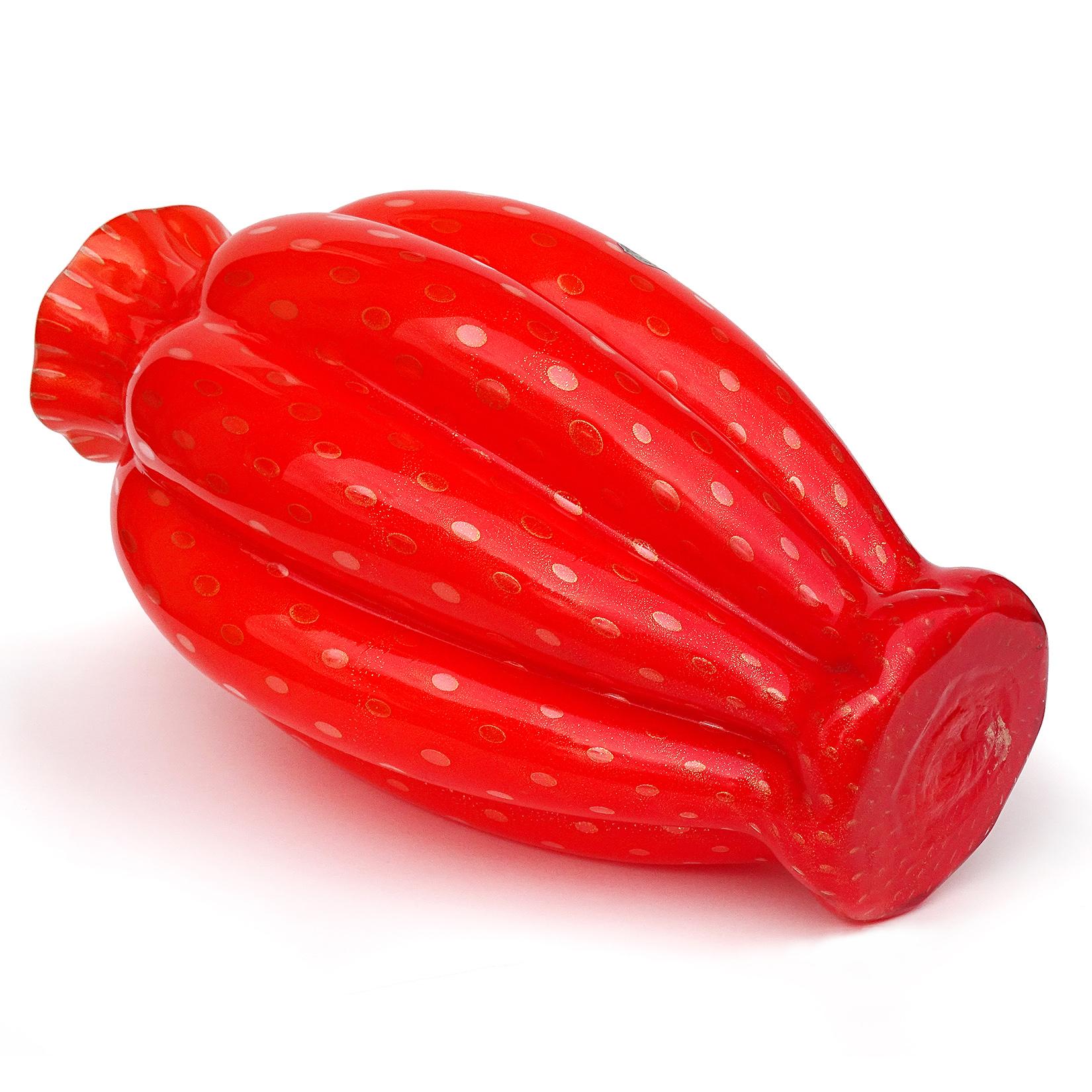Florero de cristal artístico italiano Murano Naranja Motas de Oro Burbujas Controladas Hecho a mano en venta