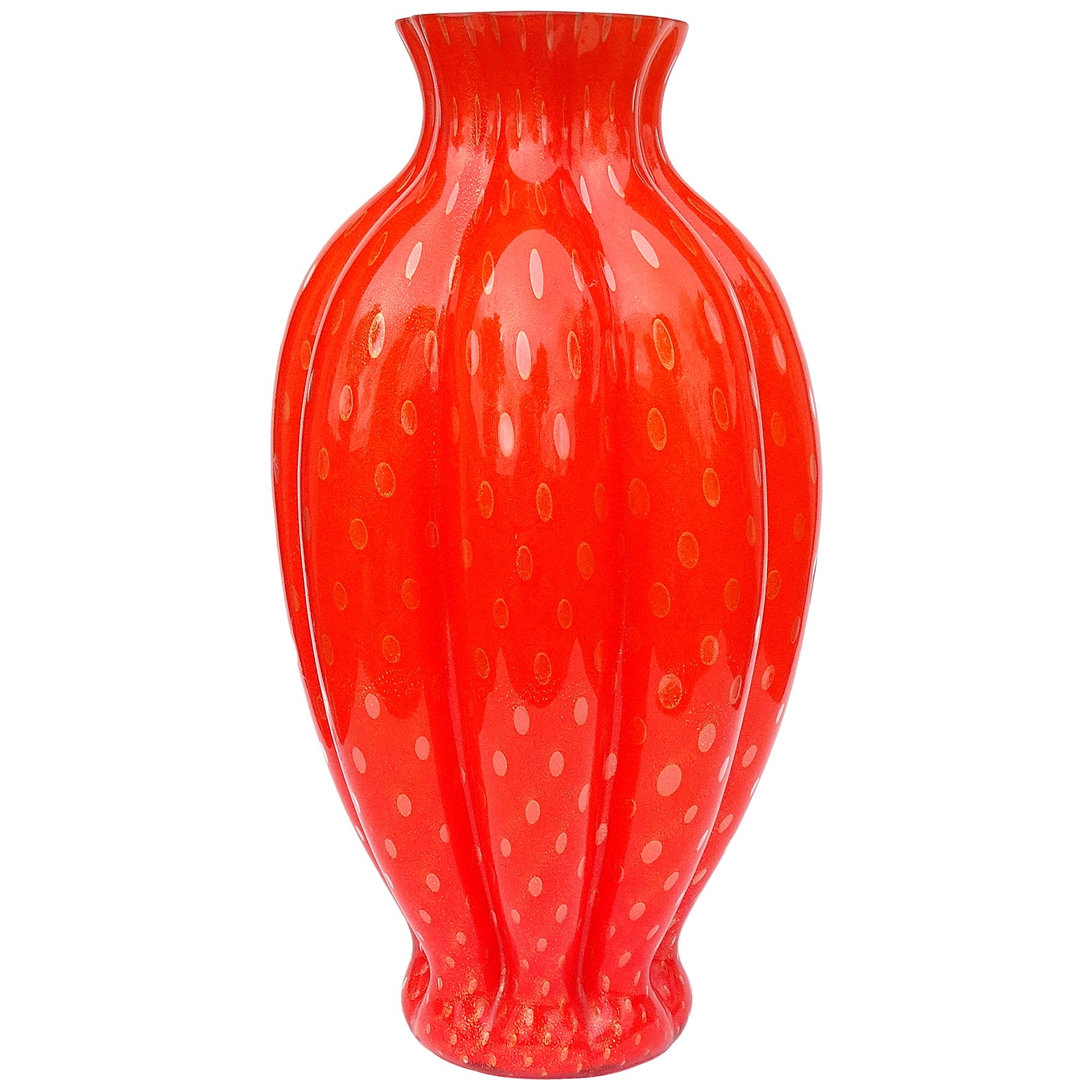Florero de cristal artístico italiano Murano Naranja Motas de Oro Burbujas Controladas en venta