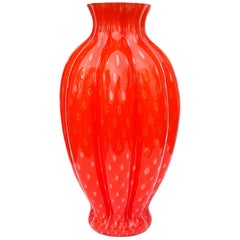 Florero de cristal artístico italiano Murano Naranja Motas de Oro Burbujas Controladas
