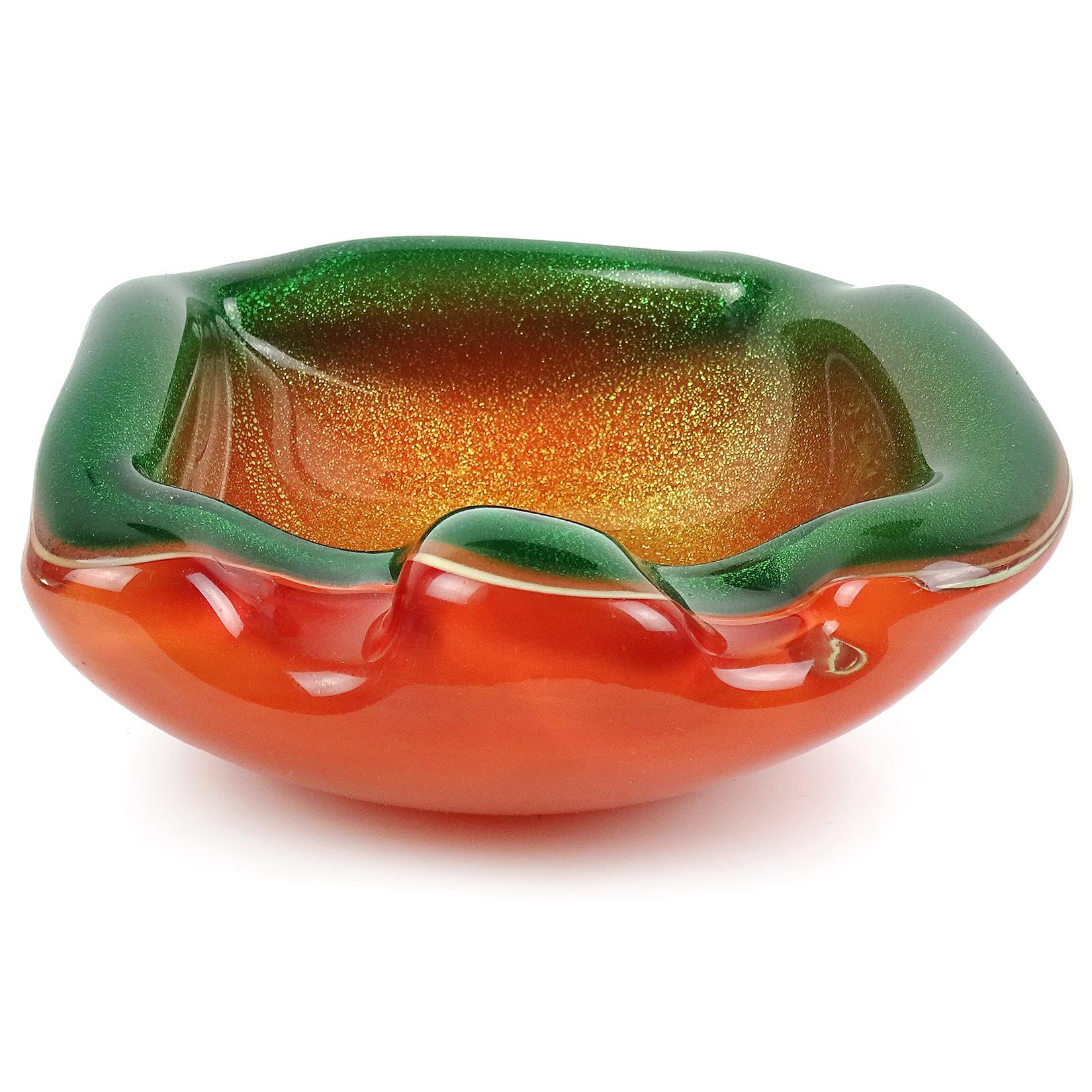 Mid-Century Modern Murano Orange Green Gold Flecks Italian Art Glass Biomorphic Shaped Bowl Ashtray