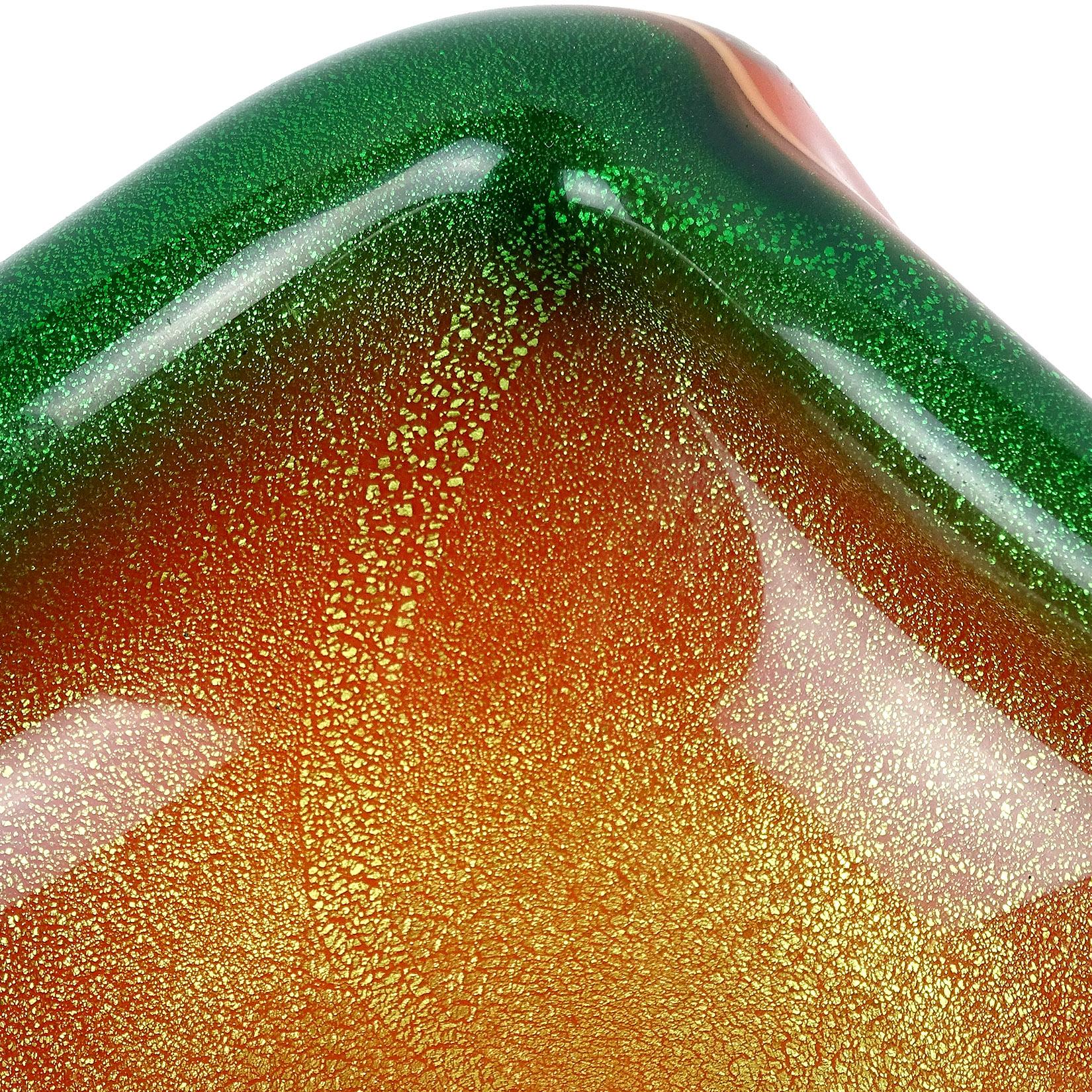 Hand-Crafted Murano Orange Green Gold Flecks Italian Art Glass Biomorphic Shaped Bowl Ashtray