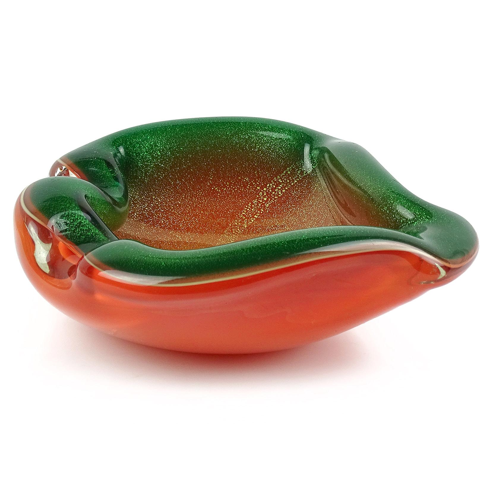 Murano Orange Green Gold Flecks Italian Art Glass Biomorphic Shaped Bowl Ashtray In Good Condition In Kissimmee, FL