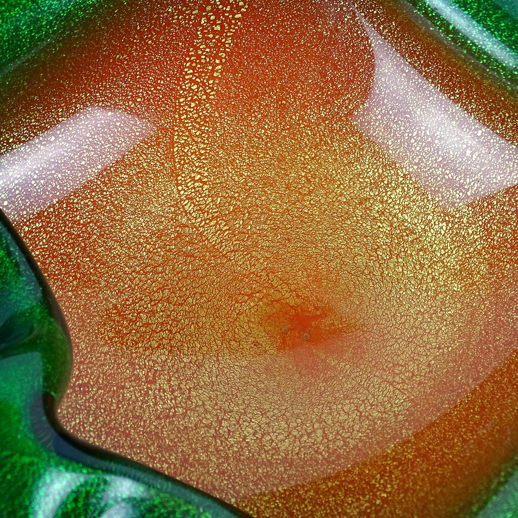 20th Century Murano Orange Green Gold Flecks Italian Art Glass Biomorphic Shaped Bowl Ashtray