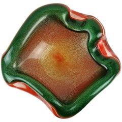 Murano Orange Green Gold Flecks Italian Art Glass Biomorphic Shaped Bowl Ashtray