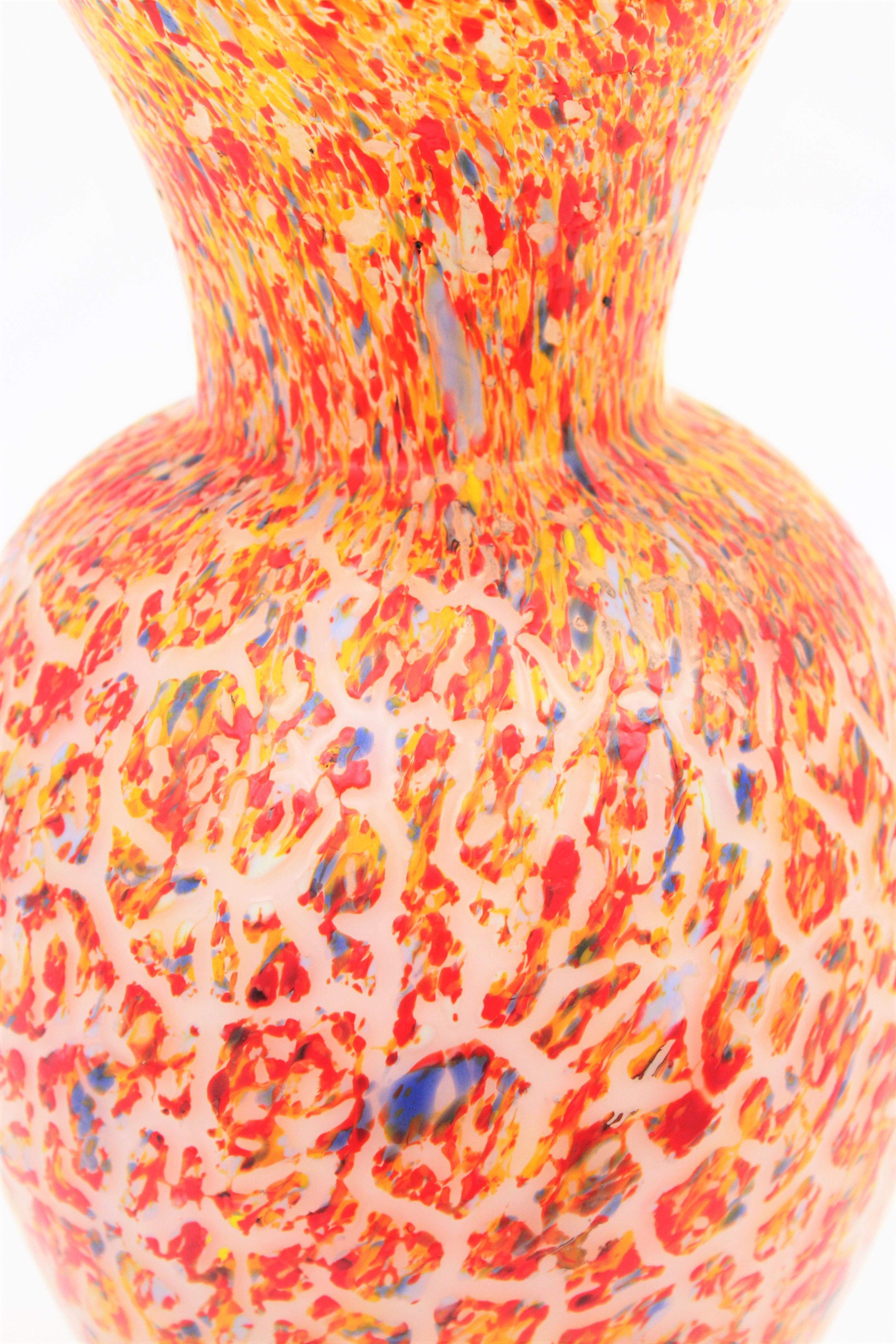 Mid-Century Modern Murano Orange Italian Art Glass Vase with Multicolor Spots 