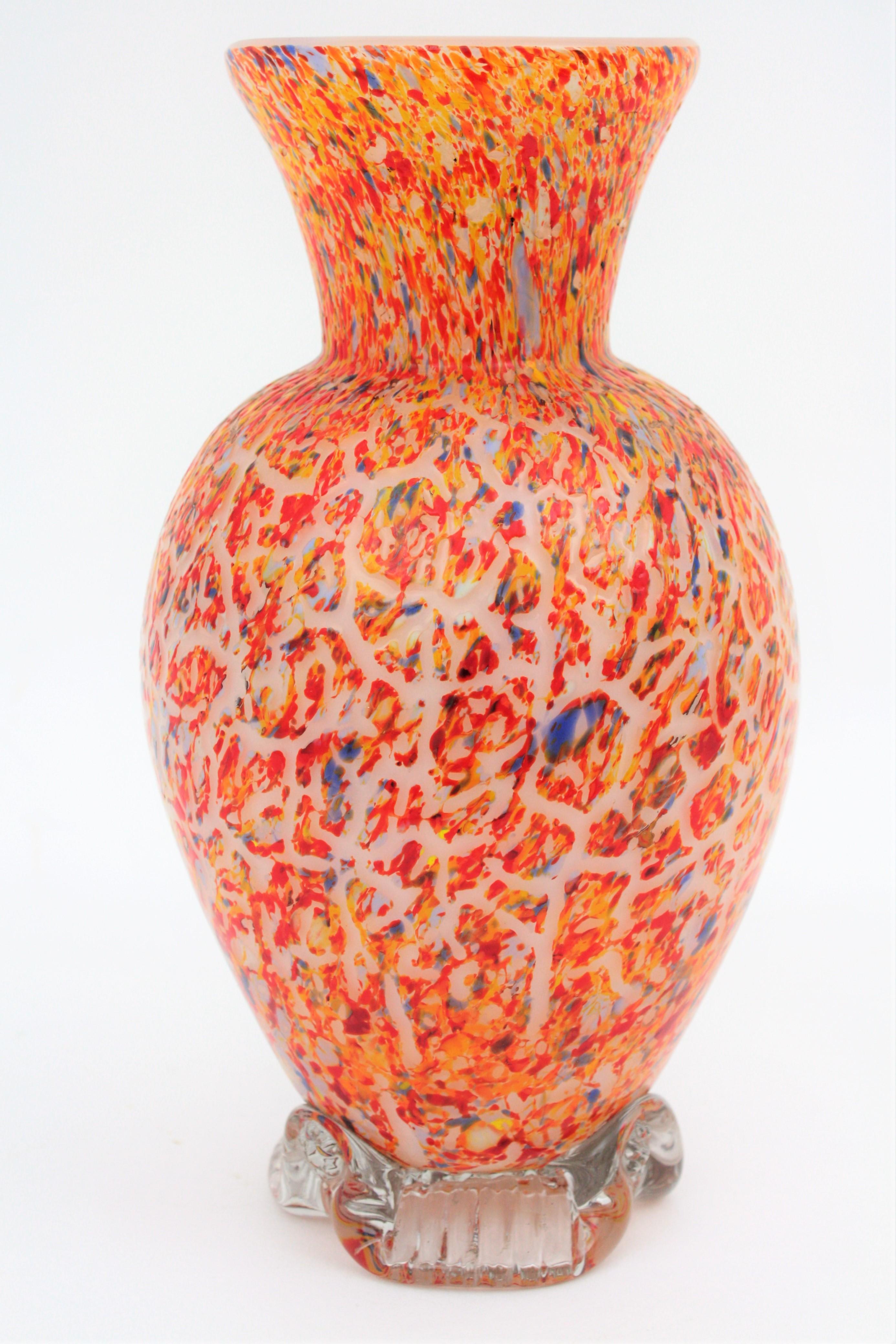 Murano Orange Italian Art Glass Vase with Multicolor Spots  In Excellent Condition In Barcelona, ES