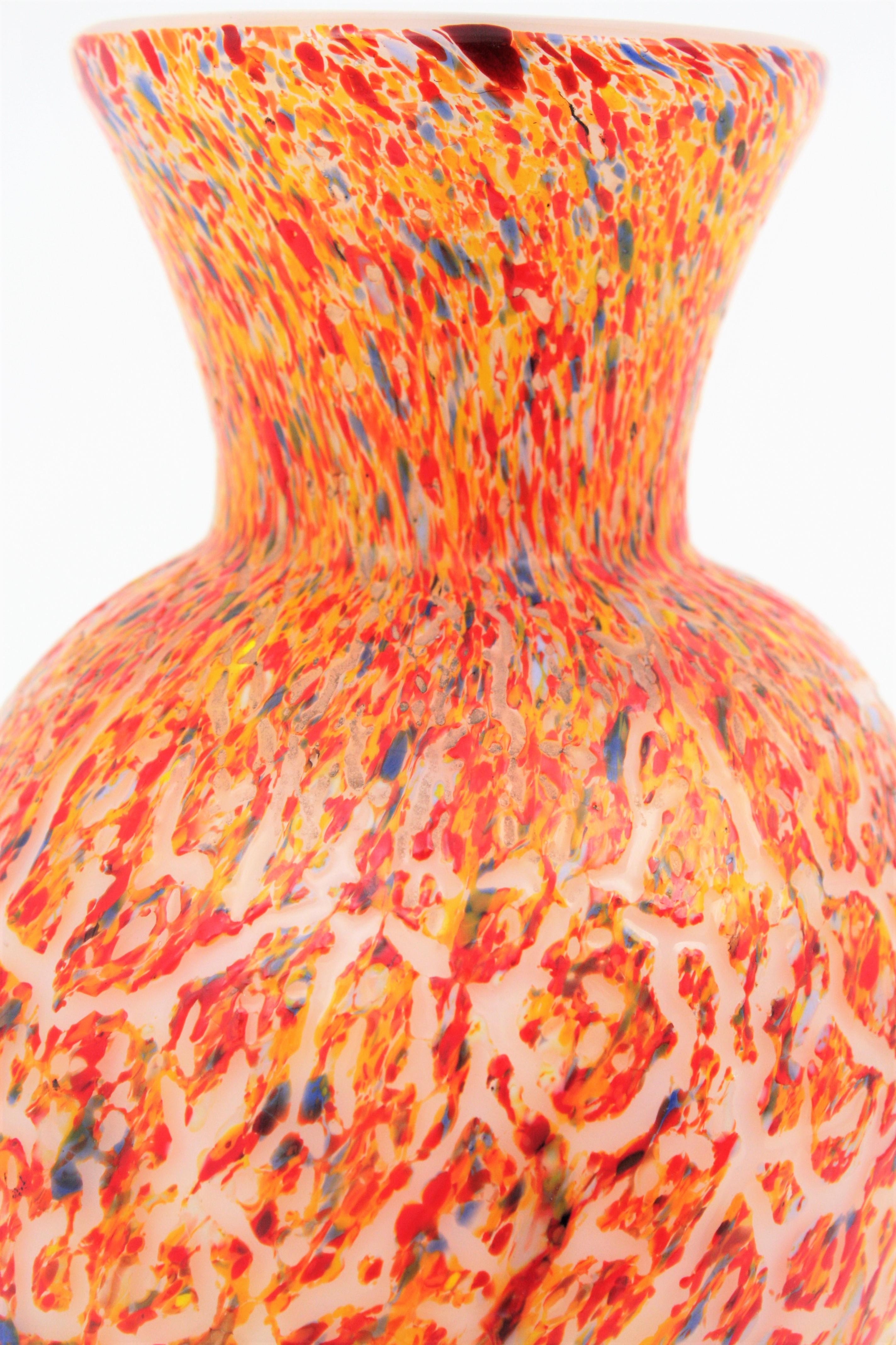 20th Century Murano Orange Italian Art Glass Vase with Multicolor Spots
