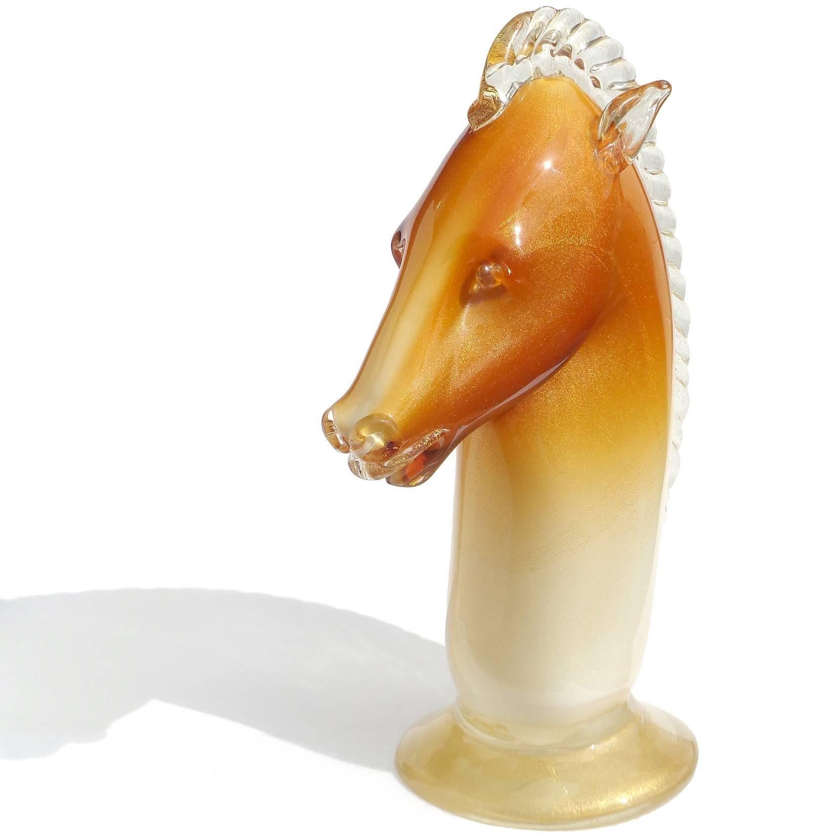Beautiful, extra large, vintage Murano hand blown orange to white and gold flecks Italian art glass horse head / knight chess piece sculpture. Attributed to Master glass artist and designer Alfredo Barbini, for the Salviati company. The horse head