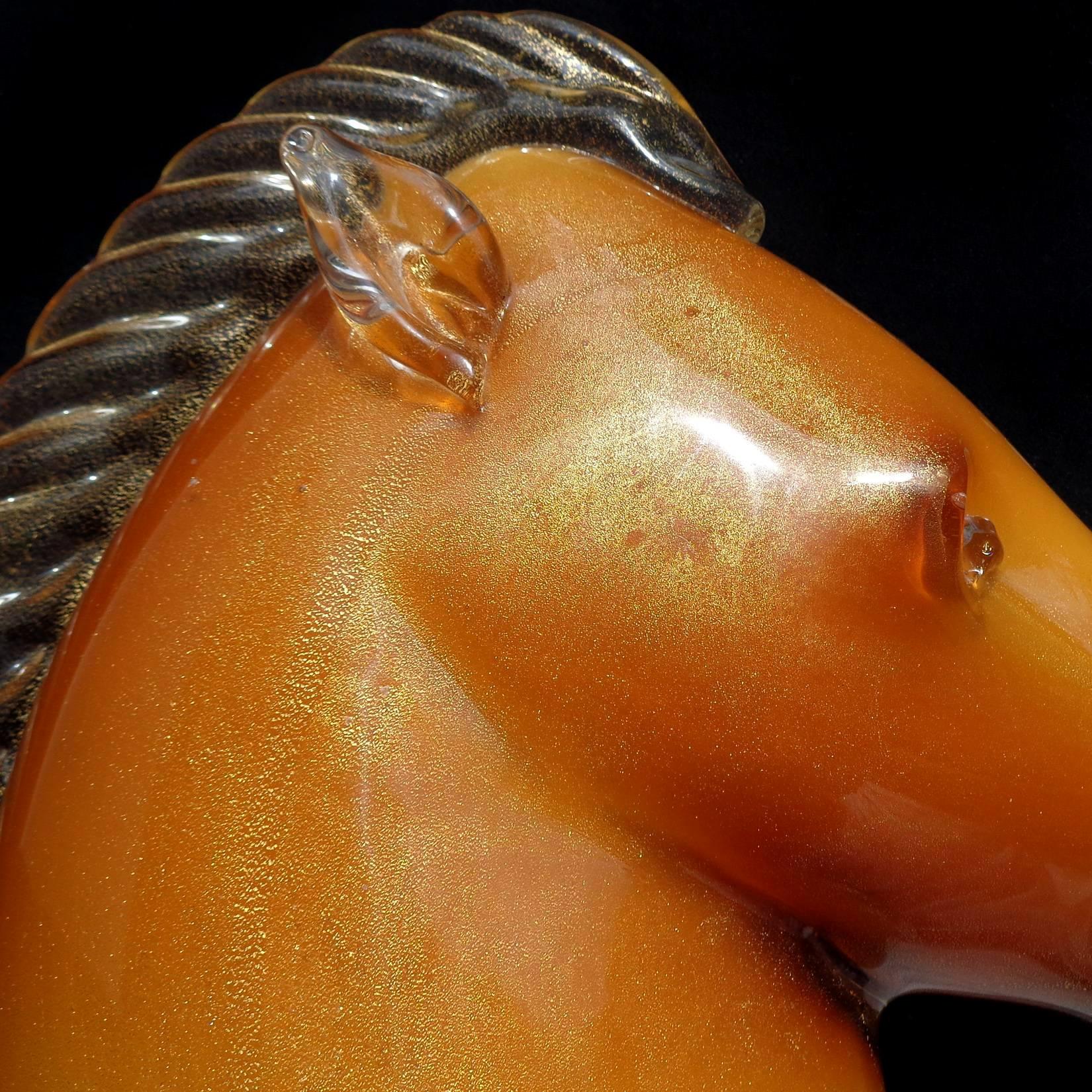 Hand-Crafted Murano Orange Ombre Fade Gold Italian Art Glass Horse Head Figure Sculpture For Sale