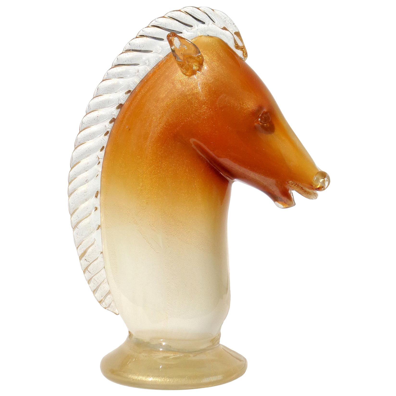 Murano Orange Ombre Fade Gold Italian Art Glass Horse Head Figure Sculpture