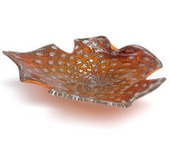 Murano Orange Silver Flecks Controlled Bubbles Italian Art Glass Abstract Bowl