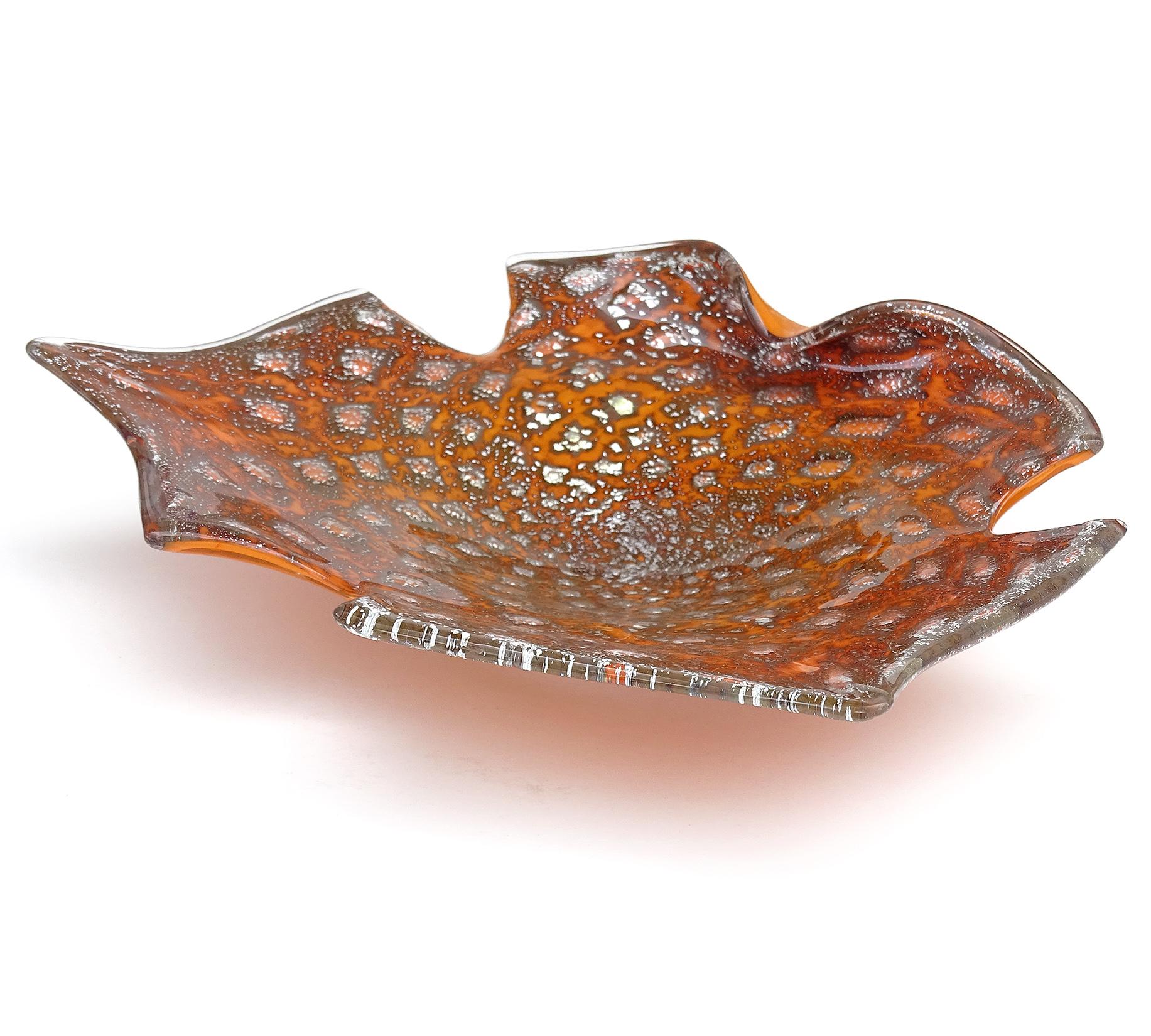 Mid-Century Modern Murano Orange Silver Flecks Controlled Bubbles Italian Art Glass Abstract Bowl For Sale