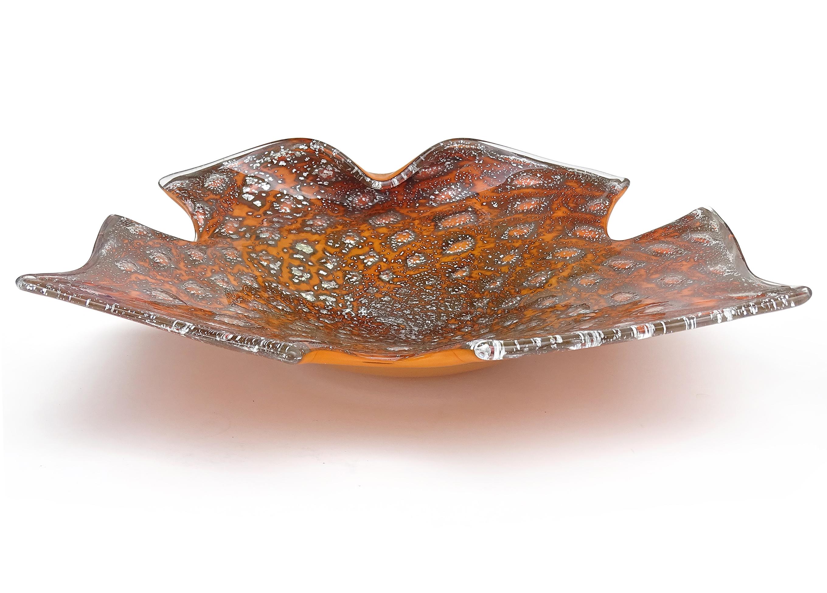 Mid-Century Modern Murano Orange Silver Flecks Controlled Bubbles Italian Art Glass Abstract Bowl For Sale