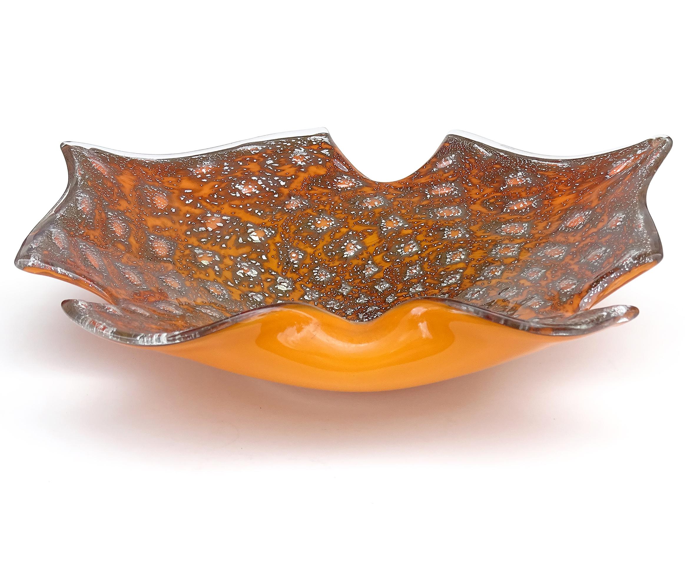 Hand-Crafted Murano Orange Silver Flecks Controlled Bubbles Italian Art Glass Abstract Bowl For Sale