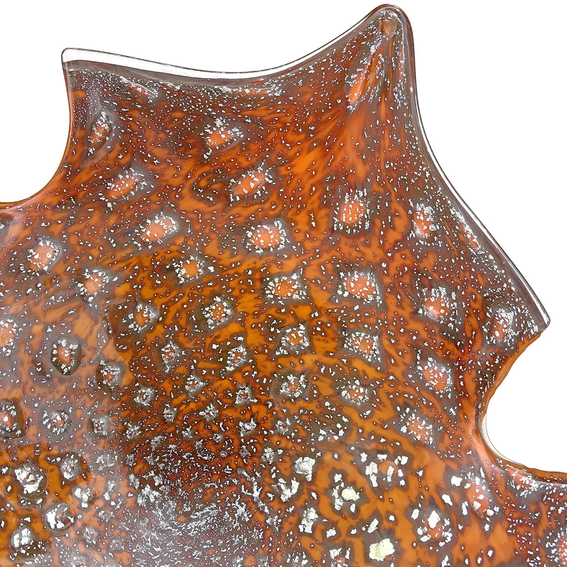 Murano Orange Silver Flecks Controlled Bubbles Italian Art Glass Abstract Bowl In Good Condition For Sale In Kissimmee, FL