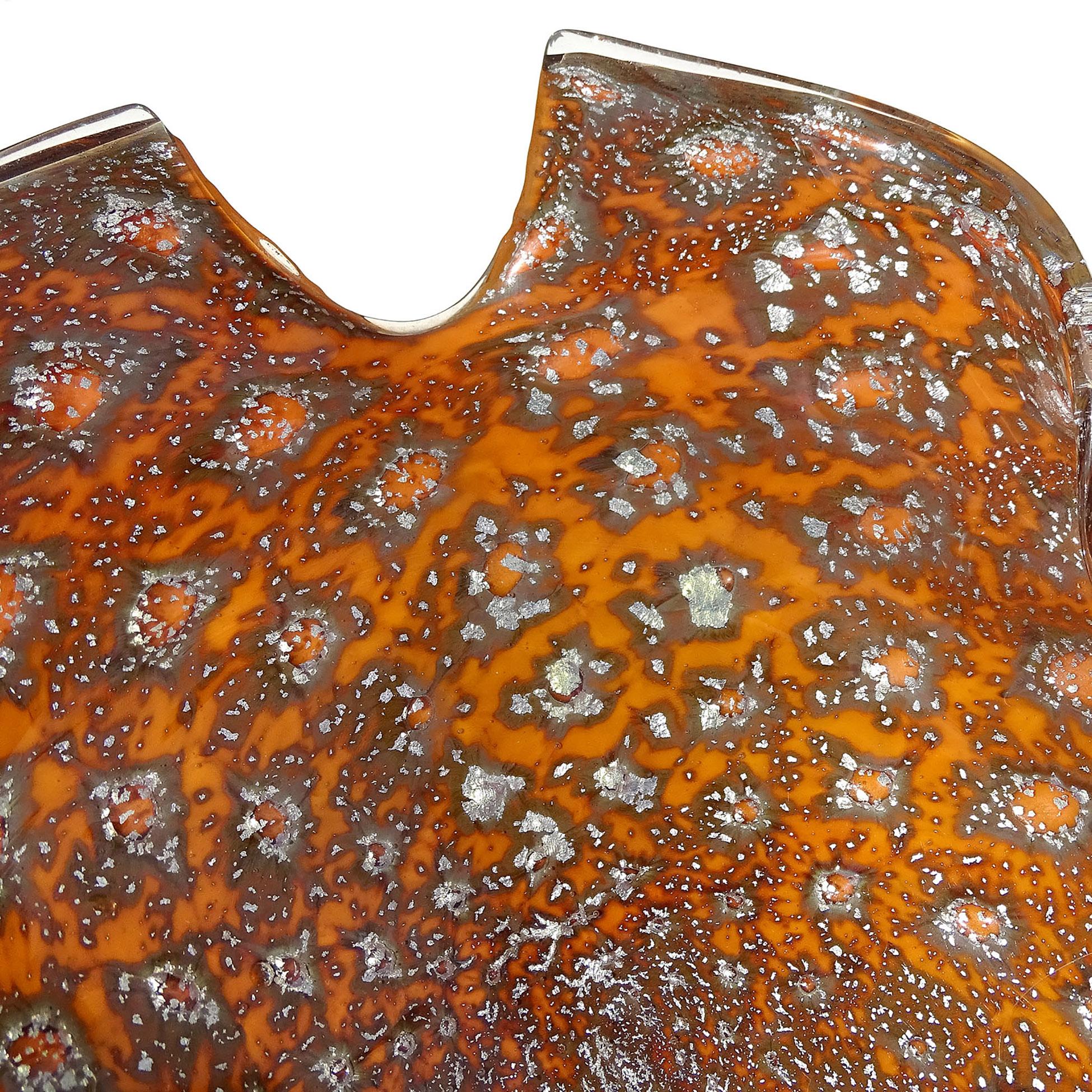 20th Century Murano Orange Silver Flecks Controlled Bubbles Italian Art Glass Abstract Bowl For Sale