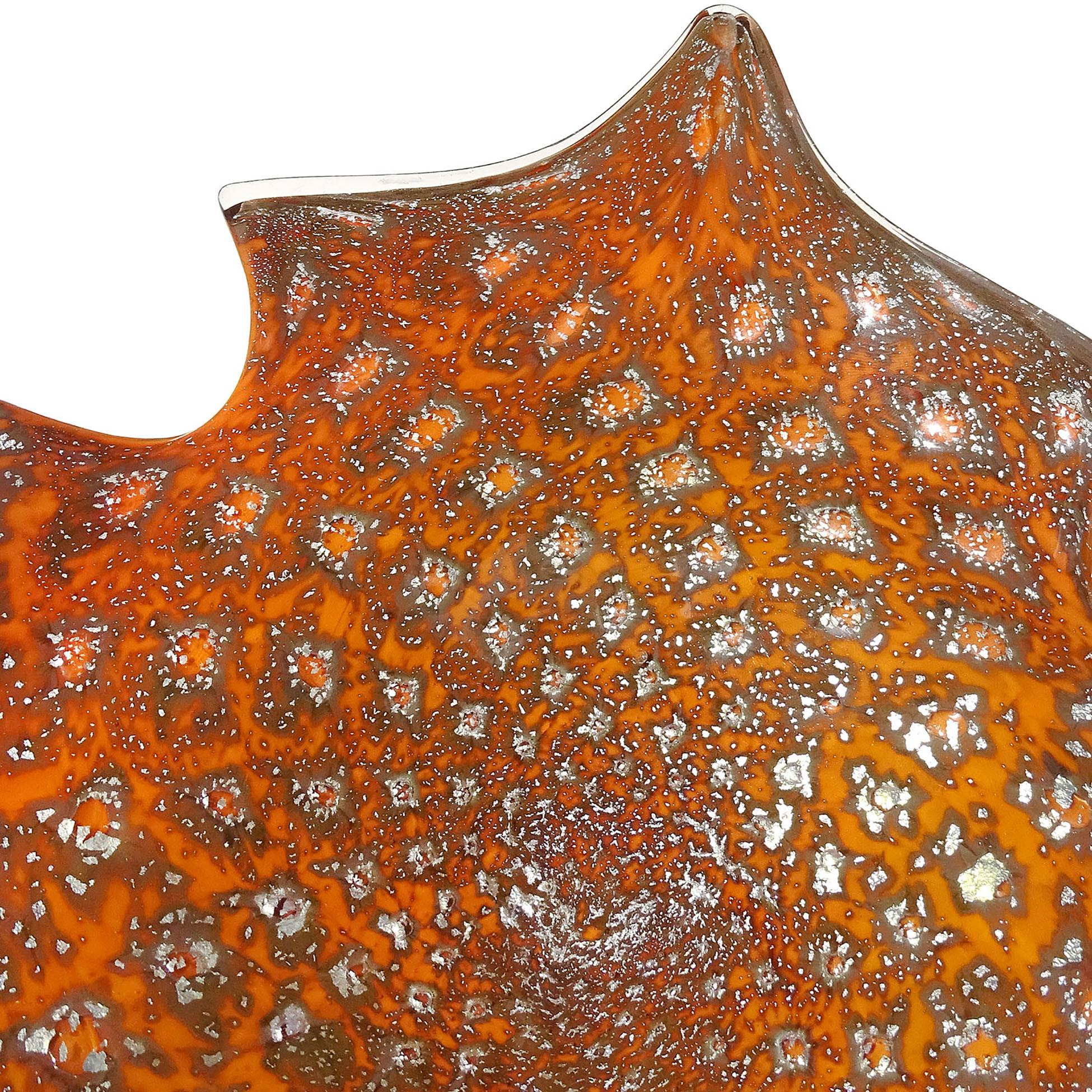Murano Orange Silver Flecks Controlled Bubbles Italian Art Glass Abstract Bowl For Sale 1