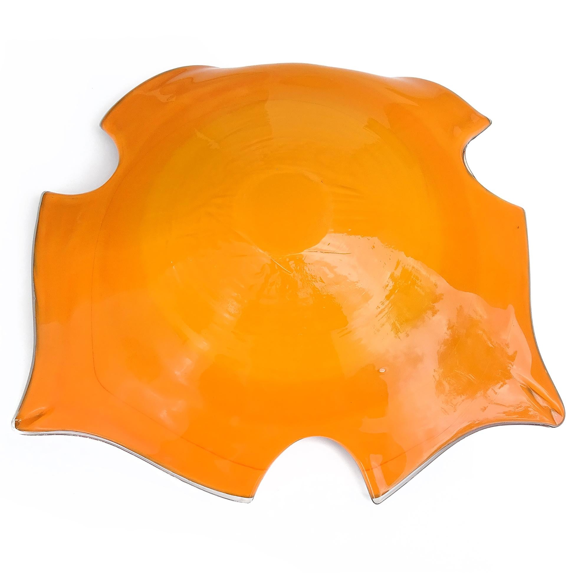 Murano Orange Silver Flecks Controlled Bubbles Italian Art Glass Abstract Bowl For Sale 2
