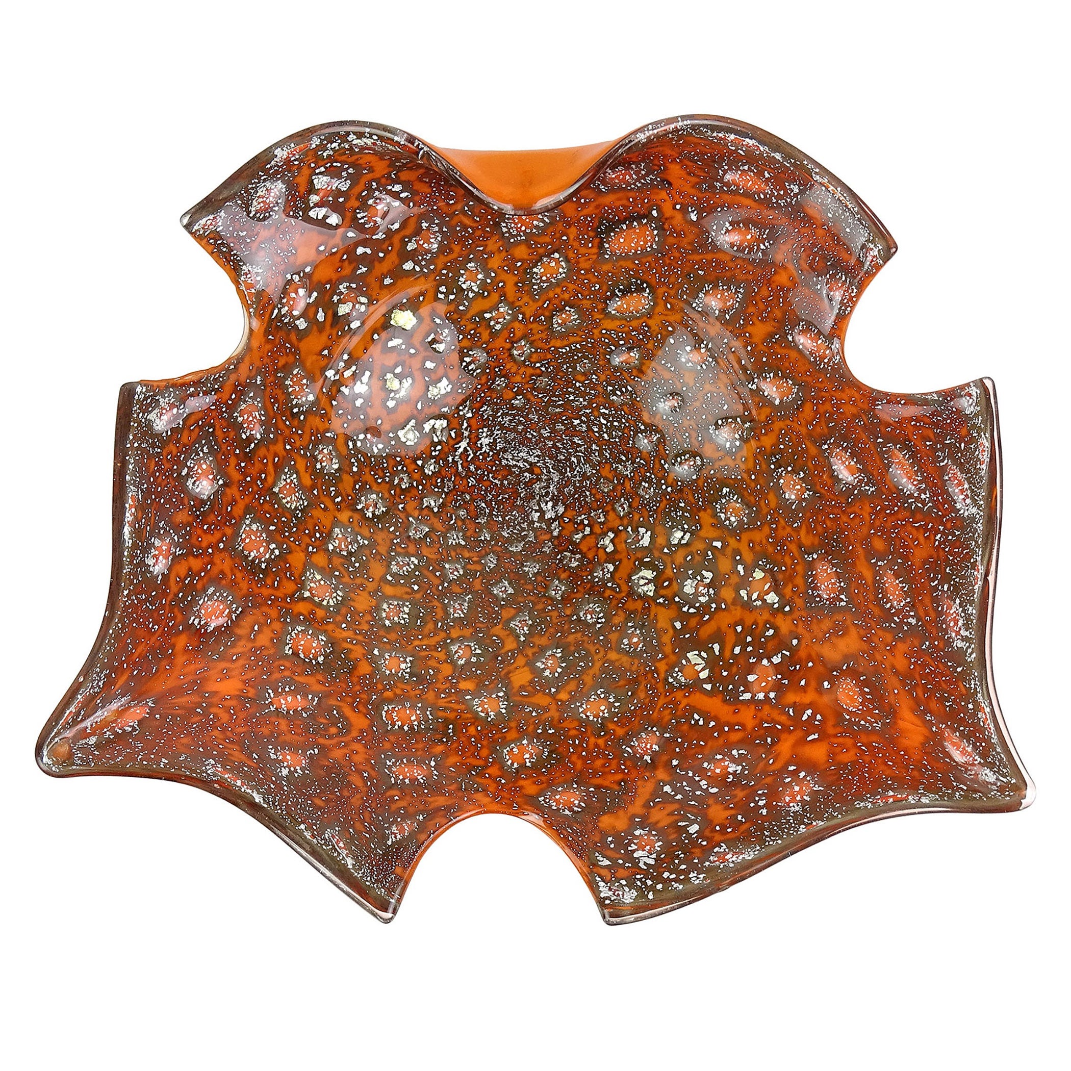 Murano Orange Silver Flecks Controlled Bubbles Italian Art Glass Abstract Bowl For Sale