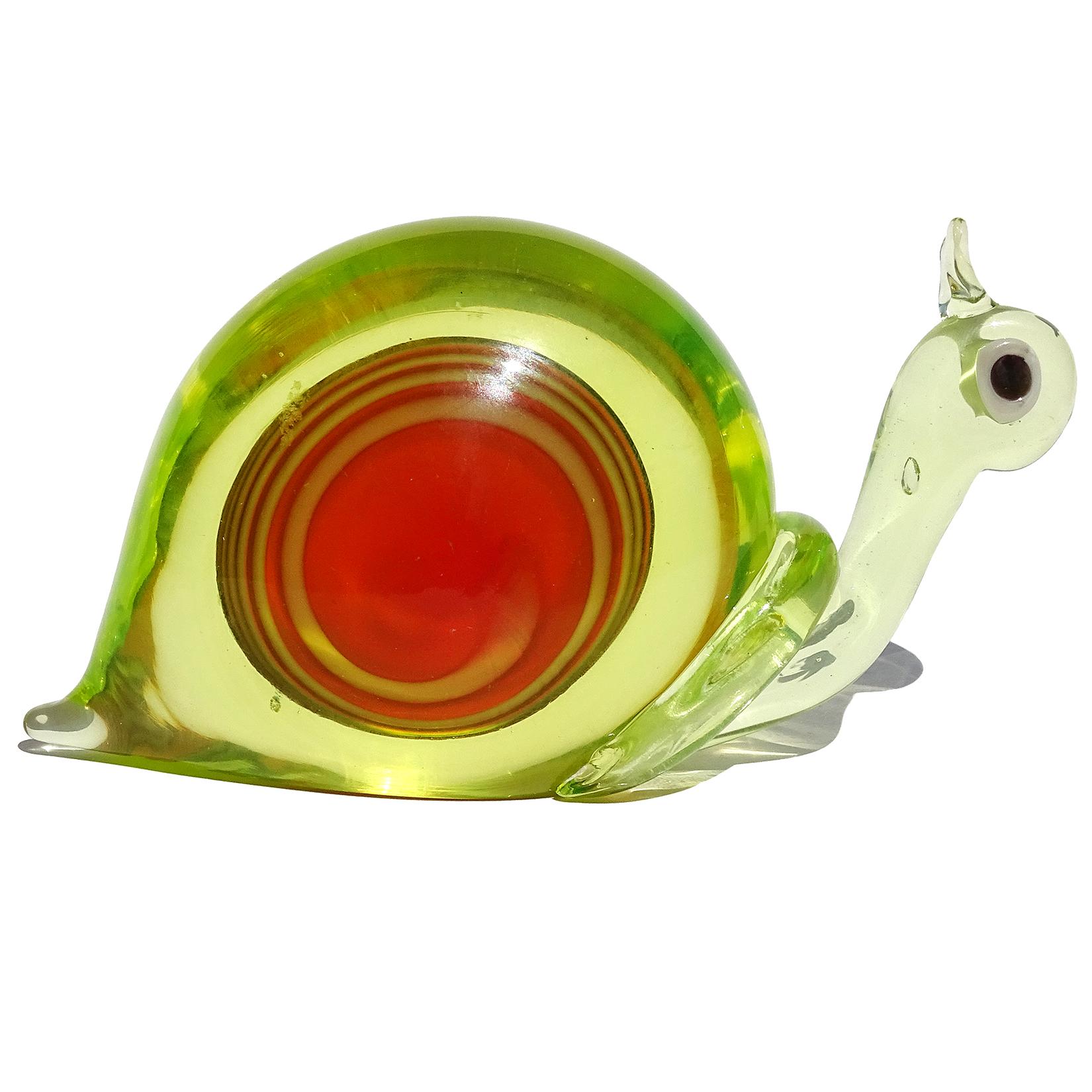 Mid-Century Modern Murano Orange Uranium Green Italian Art Glass Snail Paperweight Sculpture Glows