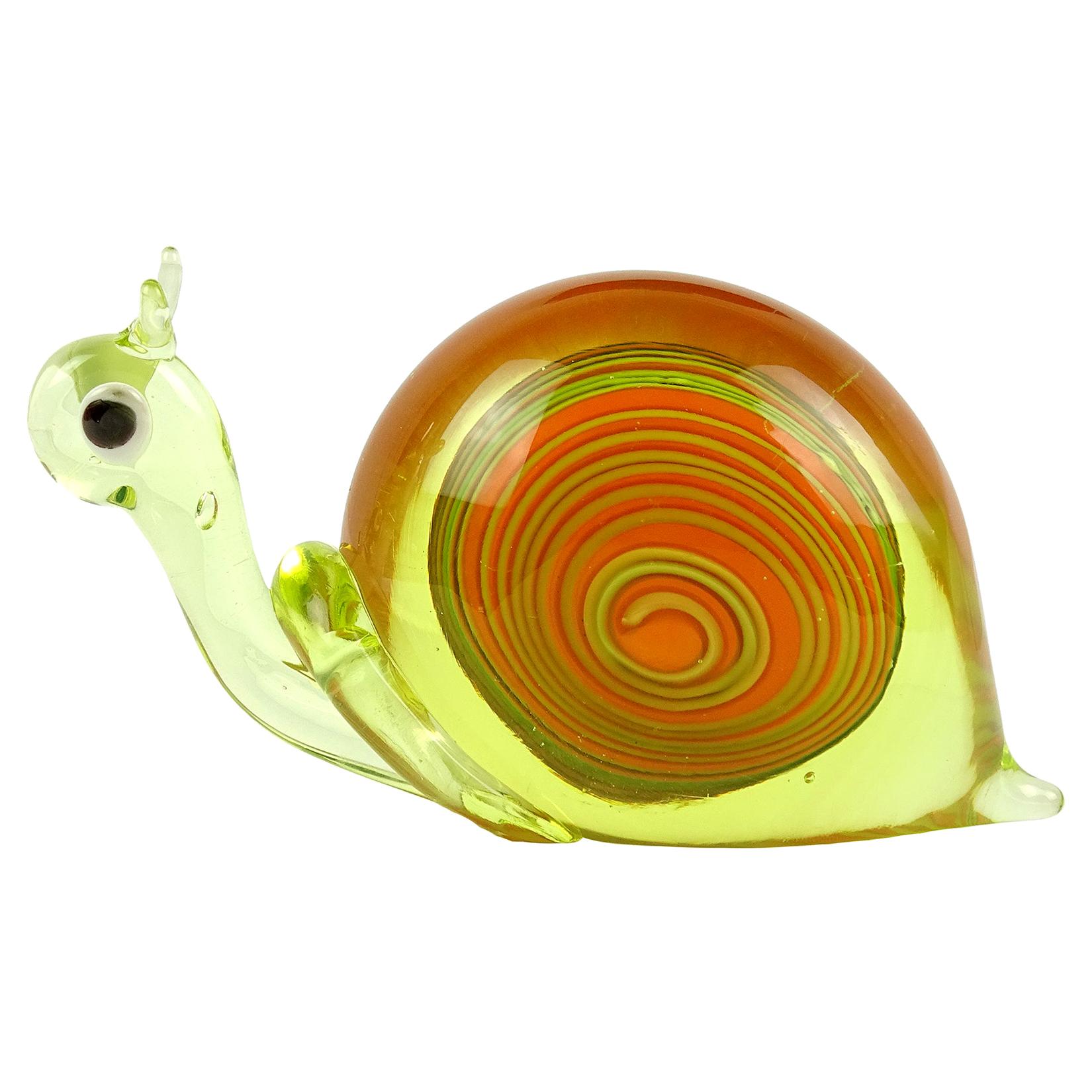 Murano Orange Uranium Green Italian Art Glass Snail Paperweight Sculpture Glows