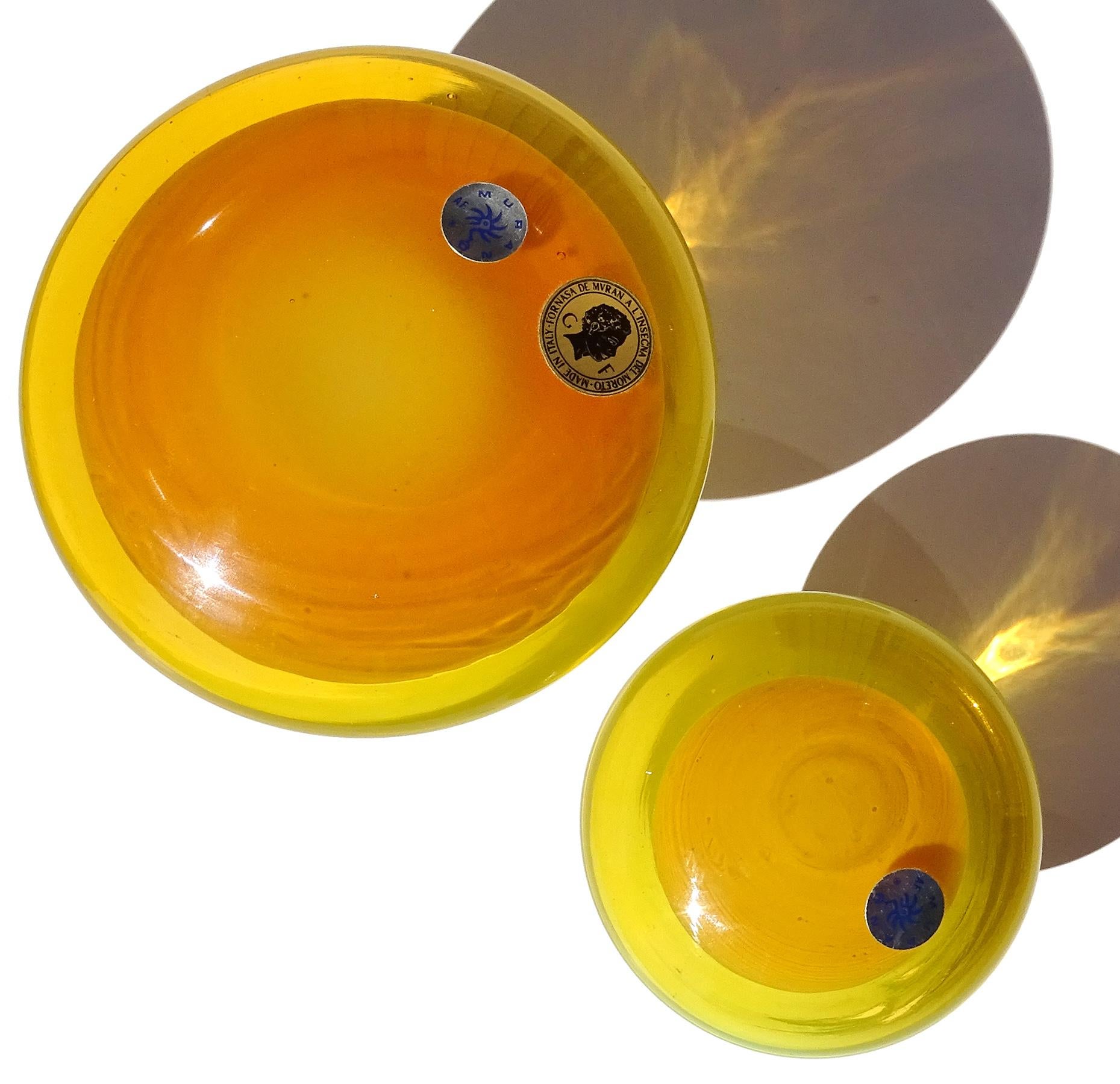 Mid-Century Modern Murano Orange Uranium UV Yellow Italian Art Glass Mushroom Toadstool Sculptures