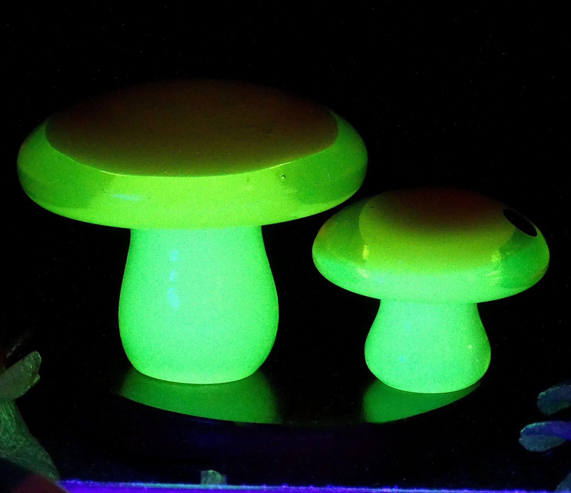 Hand-Crafted Murano Orange Uranium UV Yellow Italian Art Glass Mushroom Toadstool Sculptures