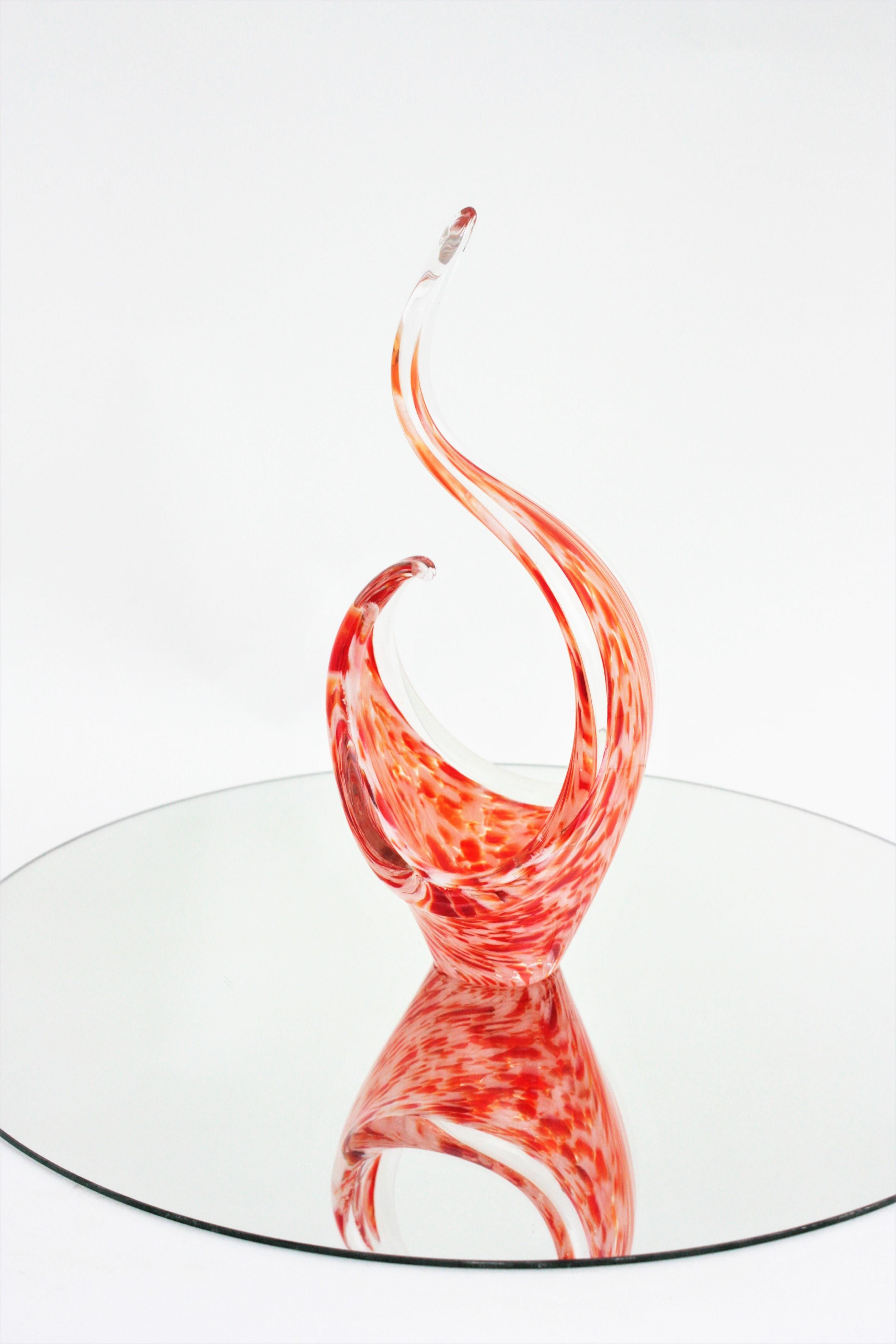 Murano Orange White Spotted Art Glass Free Form Bowl For Sale 3