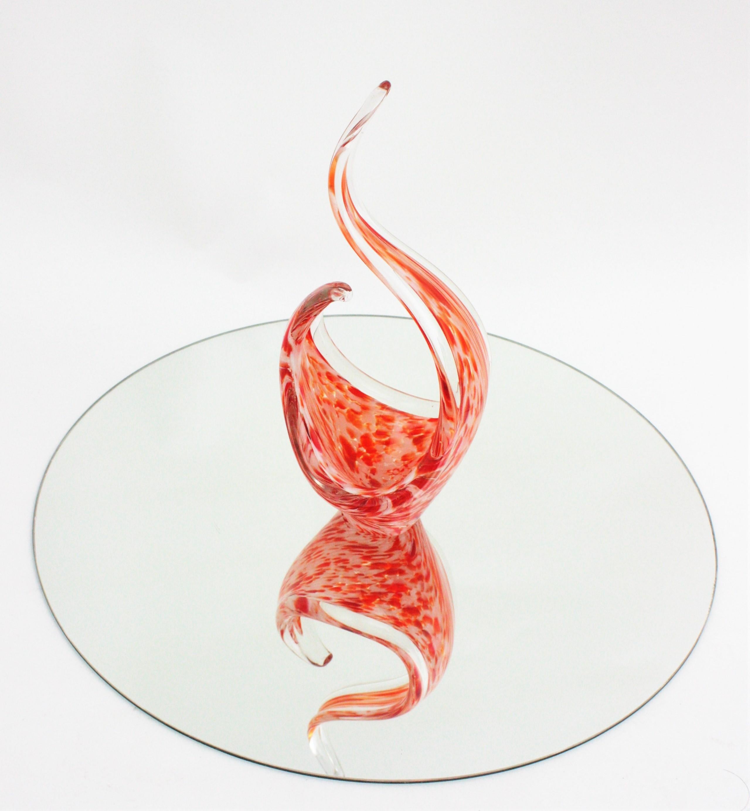 Hand-Crafted Murano Orange White Spotted Art Glass Free Form Bowl For Sale