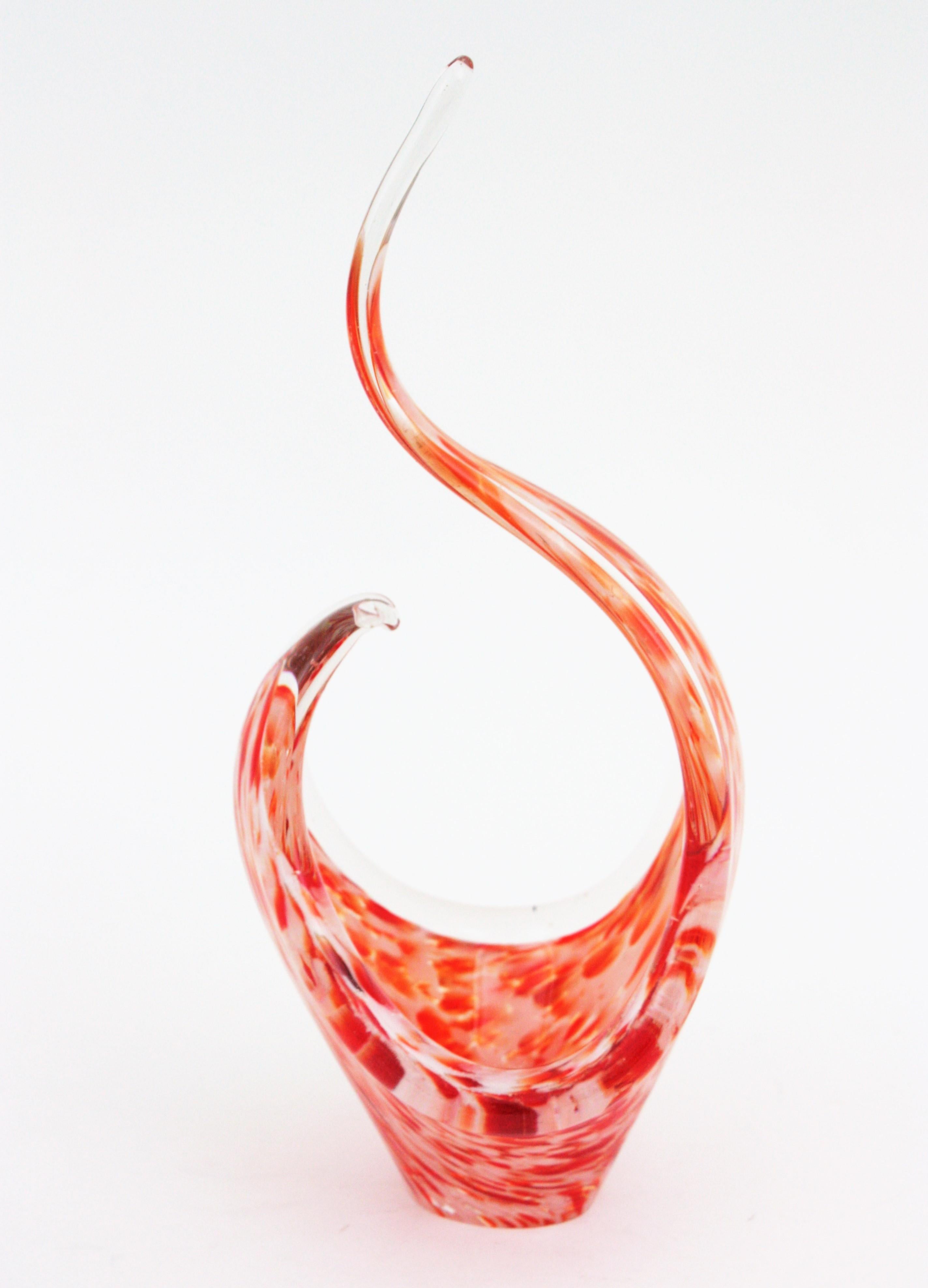 Blown Glass Murano Orange White Spotted Art Glass Free Form Bowl For Sale