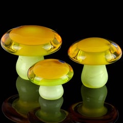 Murano Orange Yellow Italian Art Glass Mushroom Toadstool Paperweight Sculptures