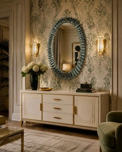 Murano Oval Green Aquamarine Art Glass and Brass Console / Wall Mirror, 2020
