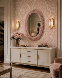 Murano Oval Pink Art Glass and Brass Mid-Century Console / Wall Mirror, 2020