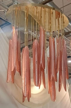 Murano Oval Pink Art Glass and Brass Midcentury Chandeliers and Pendant, 2020