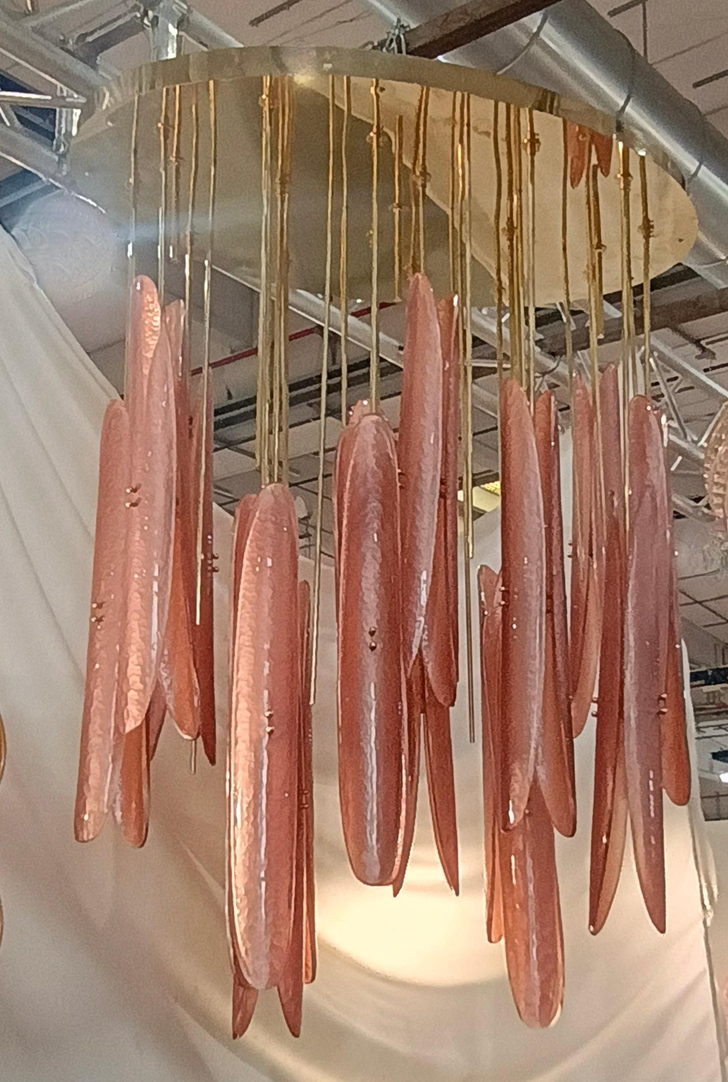 Mid-Century Modern Murano Oval Pink Art Glass and Brass Midcentury Chandeliers and Pendant, 2020 For Sale