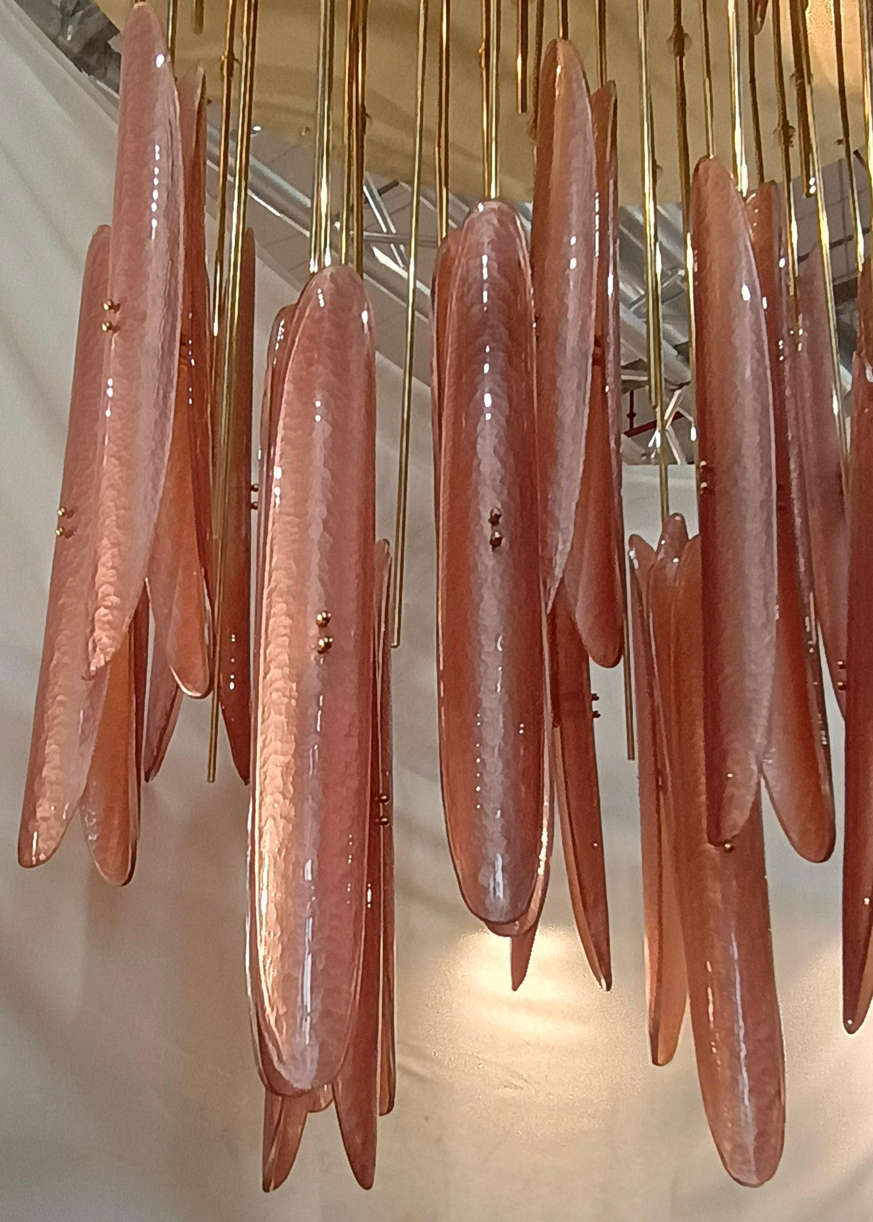 Italian Murano Oval Pink Art Glass and Brass Midcentury Chandeliers and Pendant, 2020 For Sale